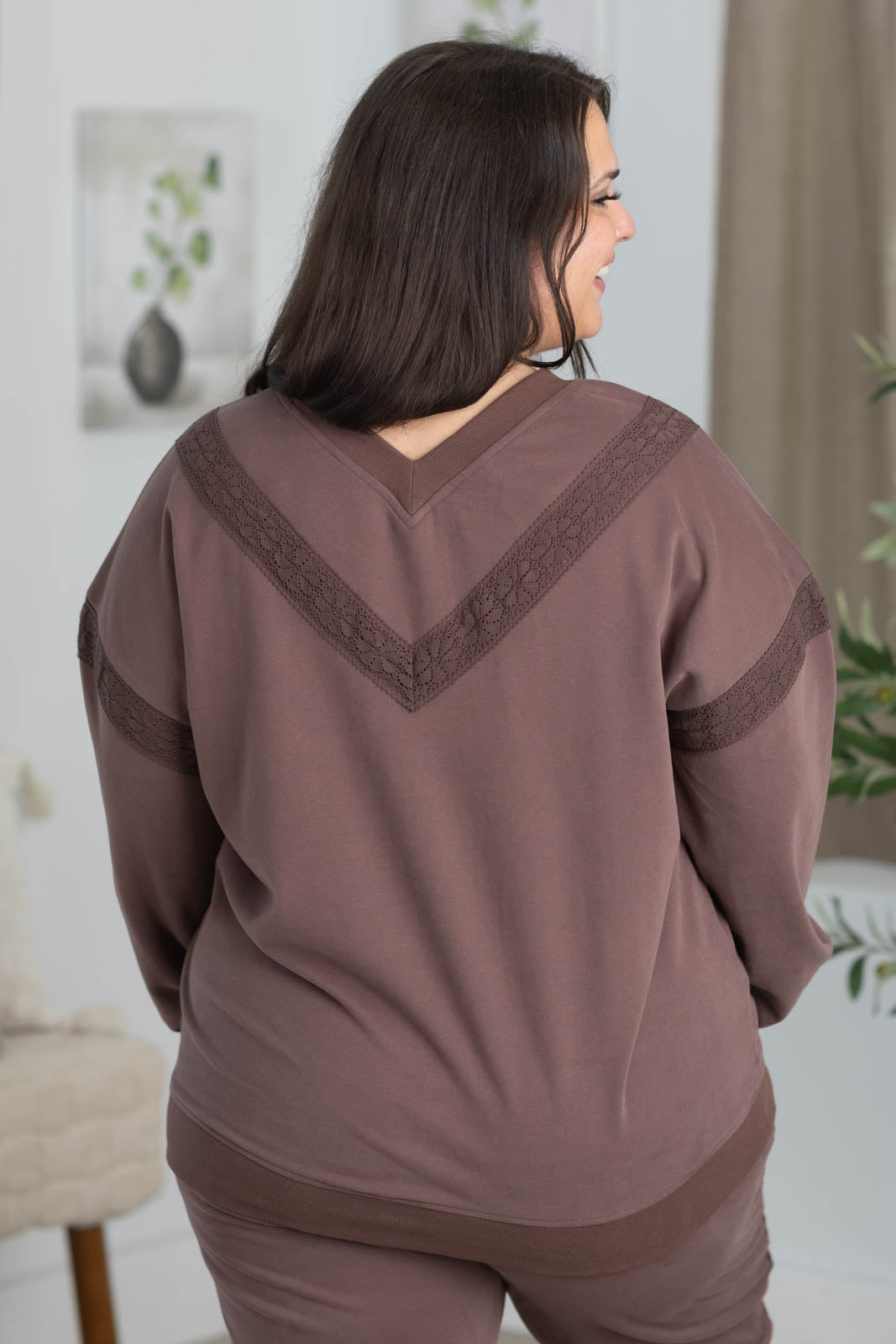 Elevated Ease Lace Detail V-Neck Sweatshirt by Filly Flair