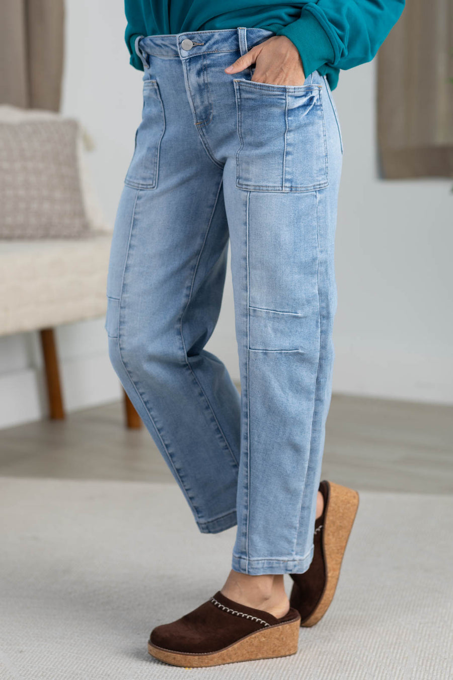 Risen Slouchy Ankle Barrel Jeans With Patch Pockets