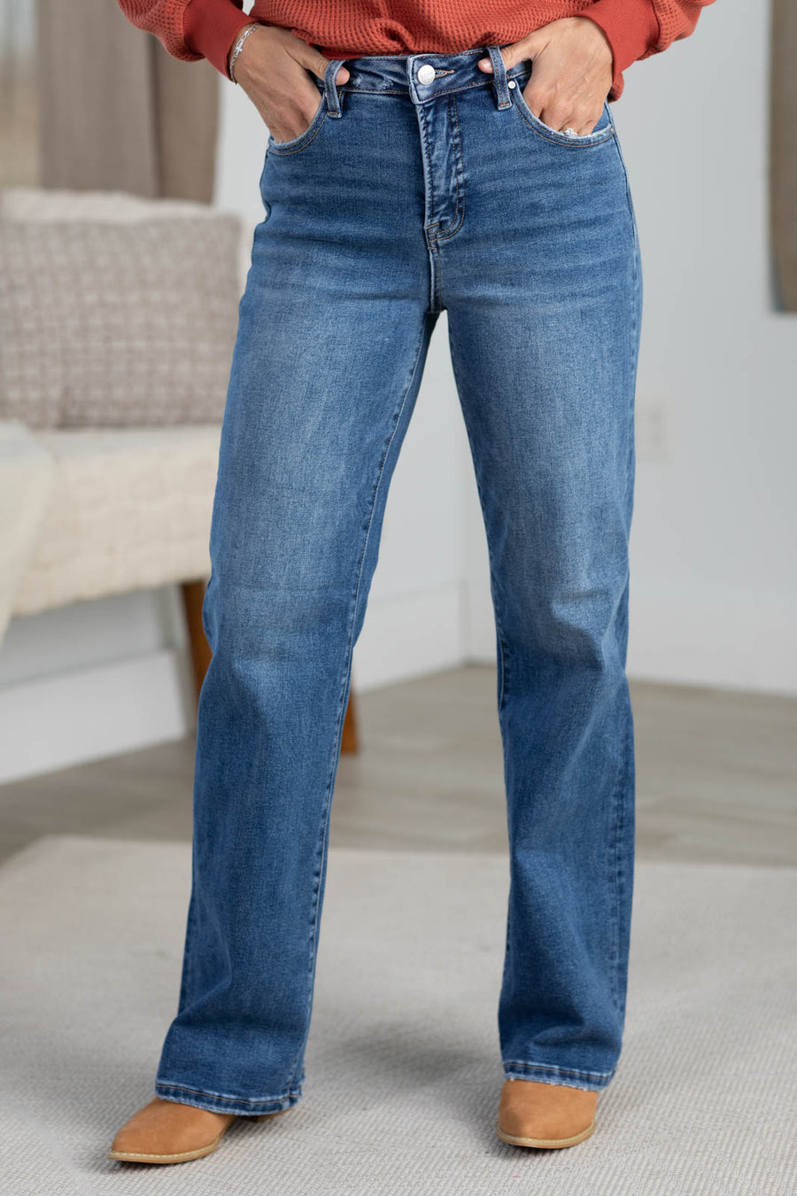 Risen Medium Wash Tummy Control Straight Jeans