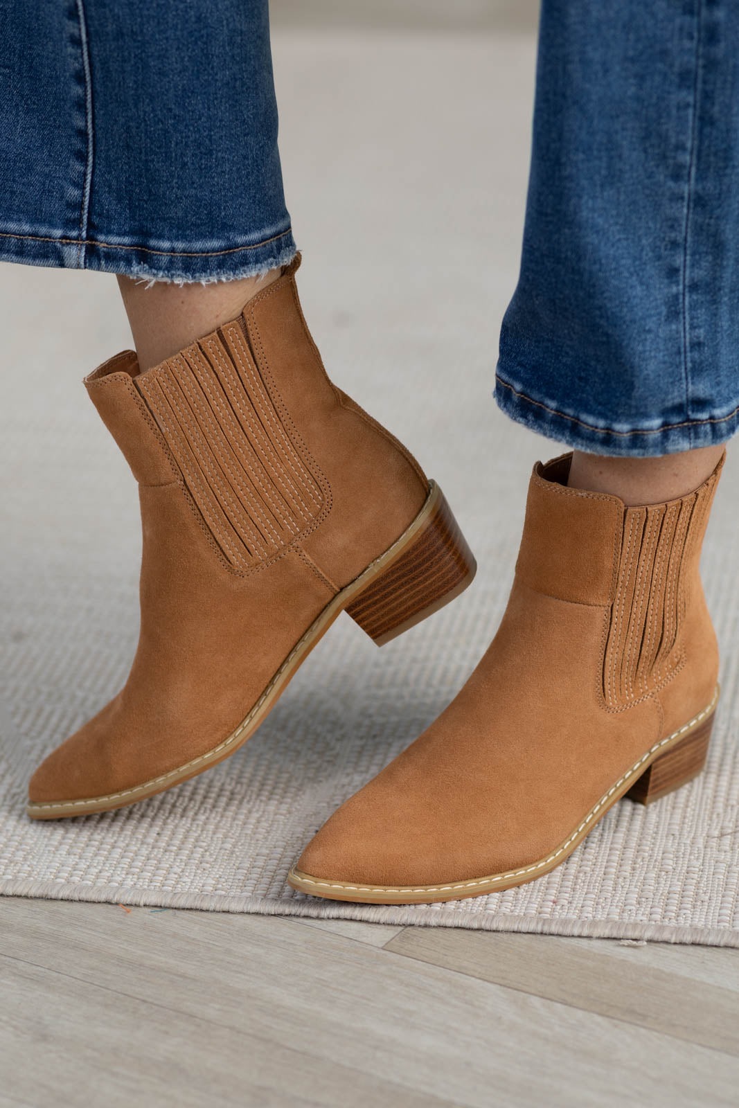Tan Genuine Suede Elastic Ankle Bootie