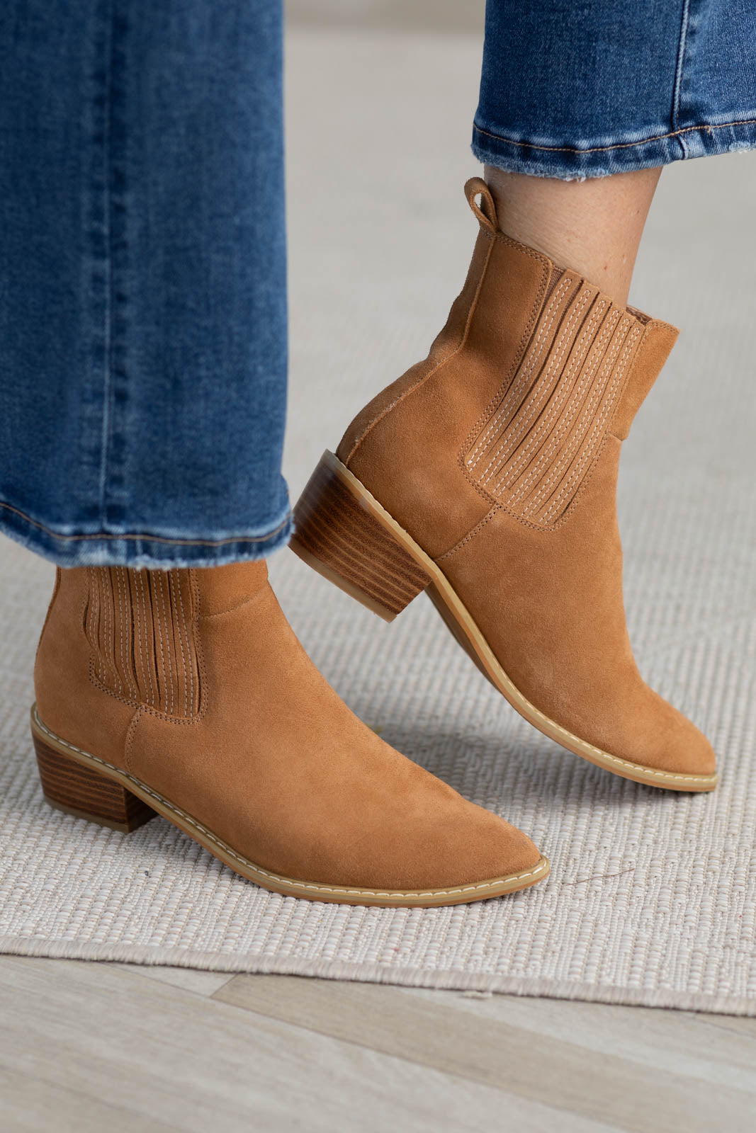 Tan Genuine Suede Elastic Ankle Bootie