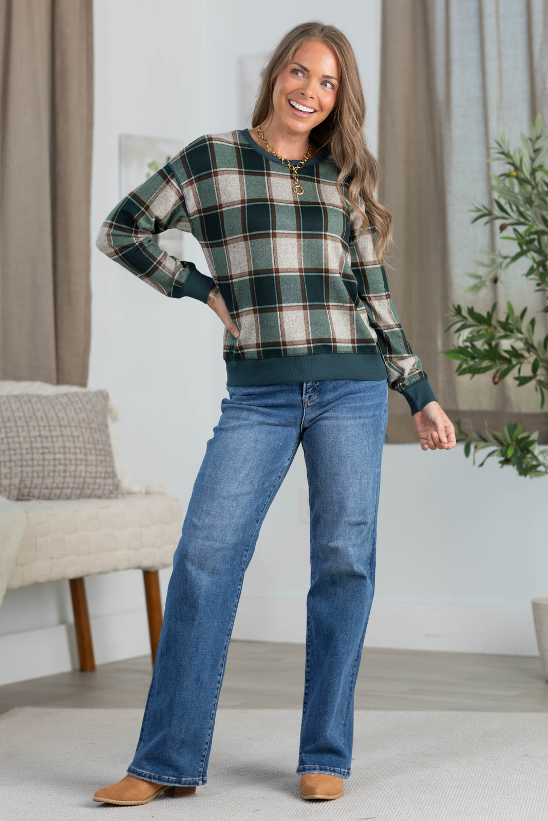 Staccato Plaid Hacci Long Sleeve Knit Top