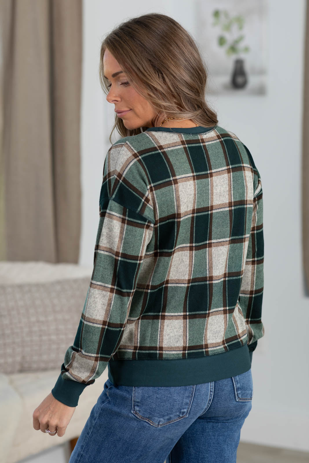 Staccato Plaid Hacci Long Sleeve Knit Top