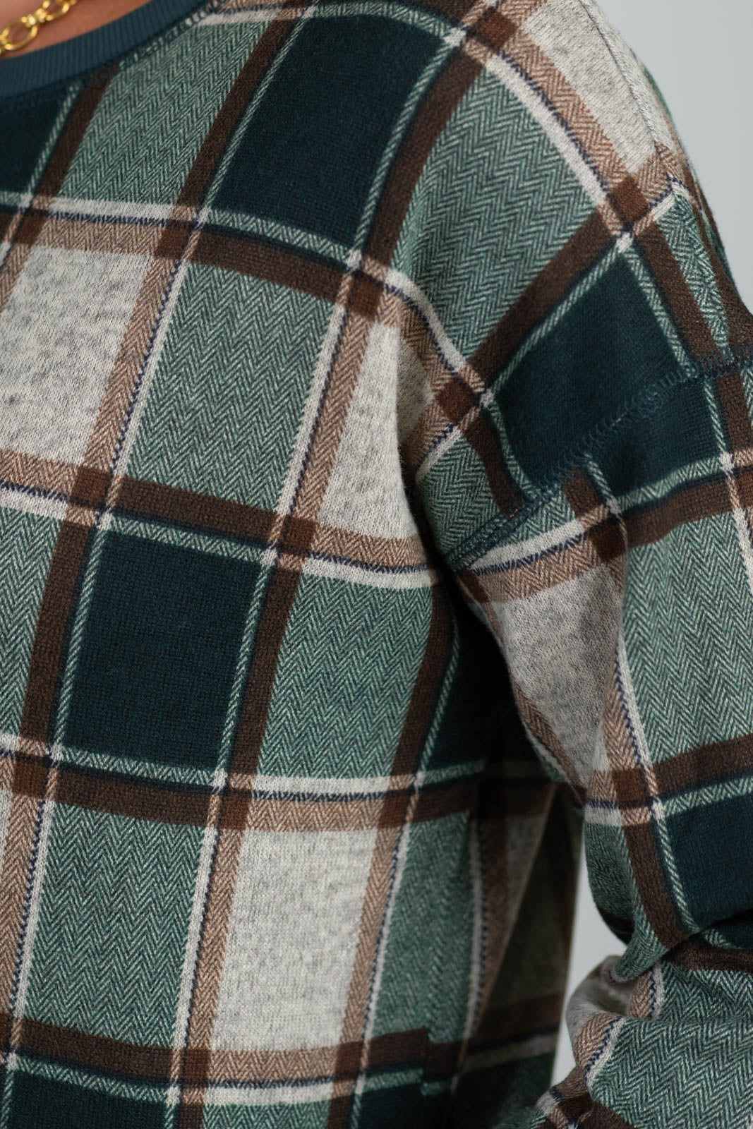 Staccato Plaid Hacci Long Sleeve Knit Top