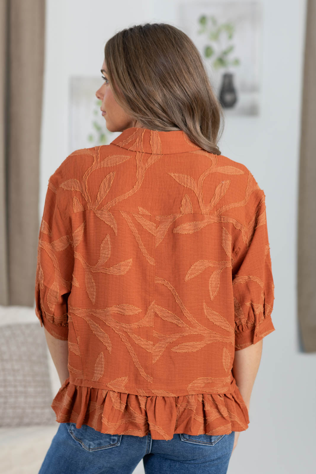 Vine Print Drop Waist Button Up Top