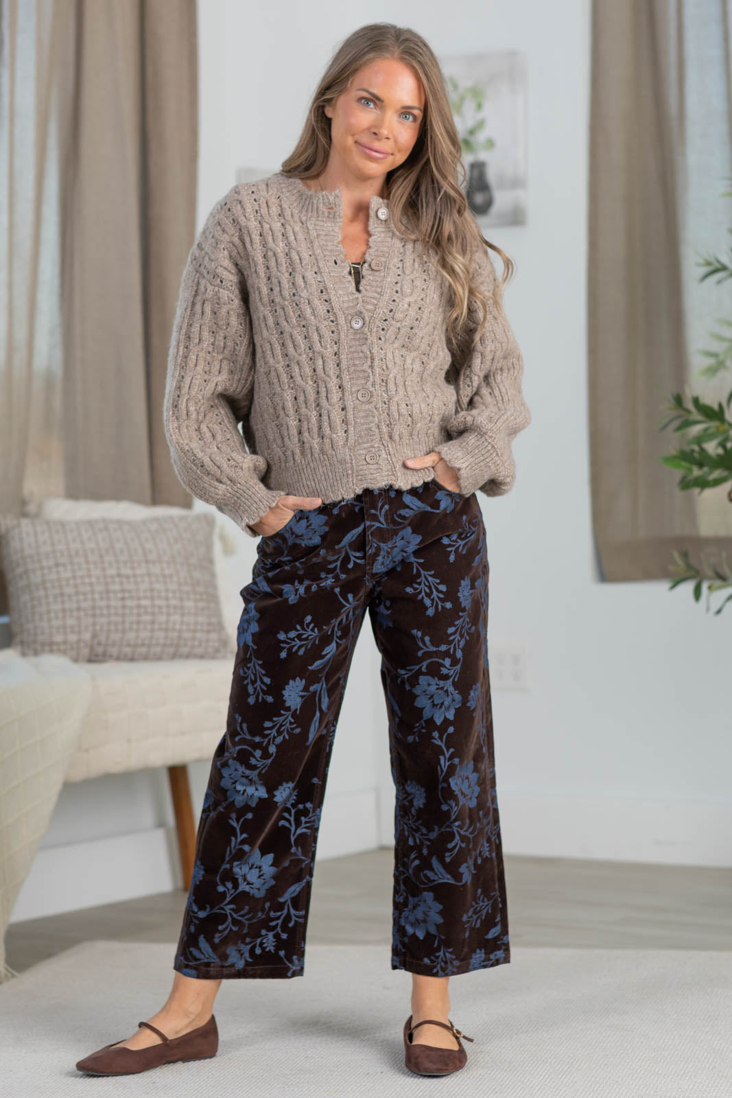 Cotierra Dark Rustic Brown Velvet Stretch Straight Leg Pants