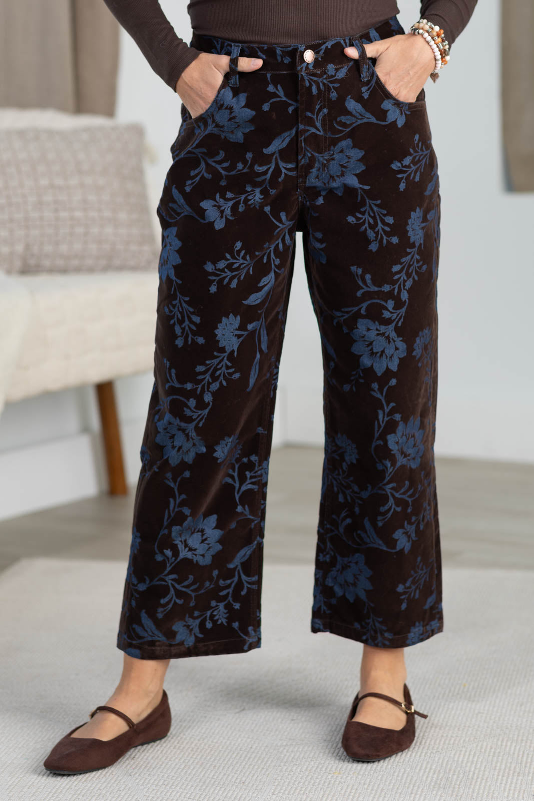 Cotierra Dark Rustic Brown Velvet Stretch Straight Leg Pants