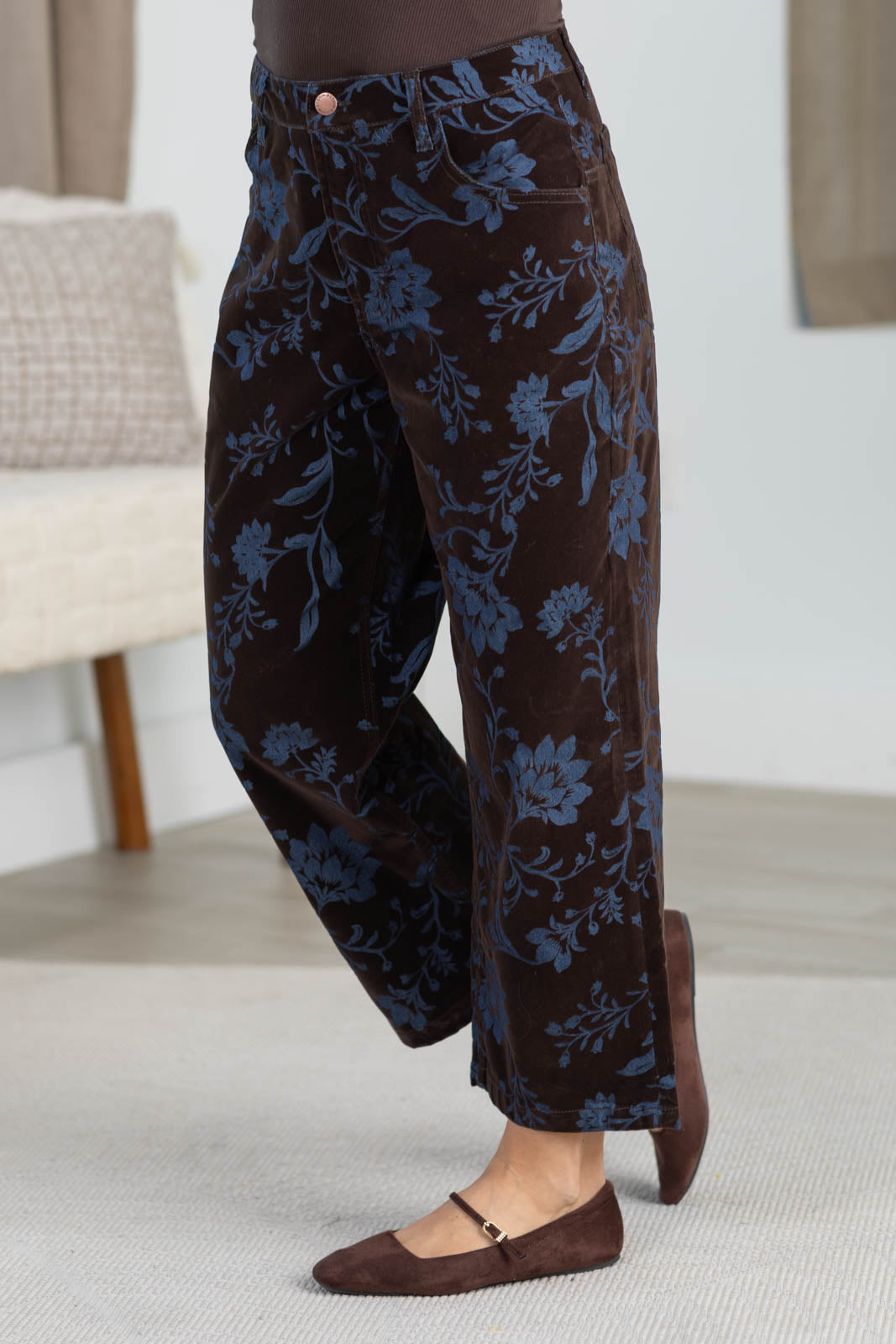 Cotierra Dark Rustic Brown Velvet Stretch Straight Leg Pants