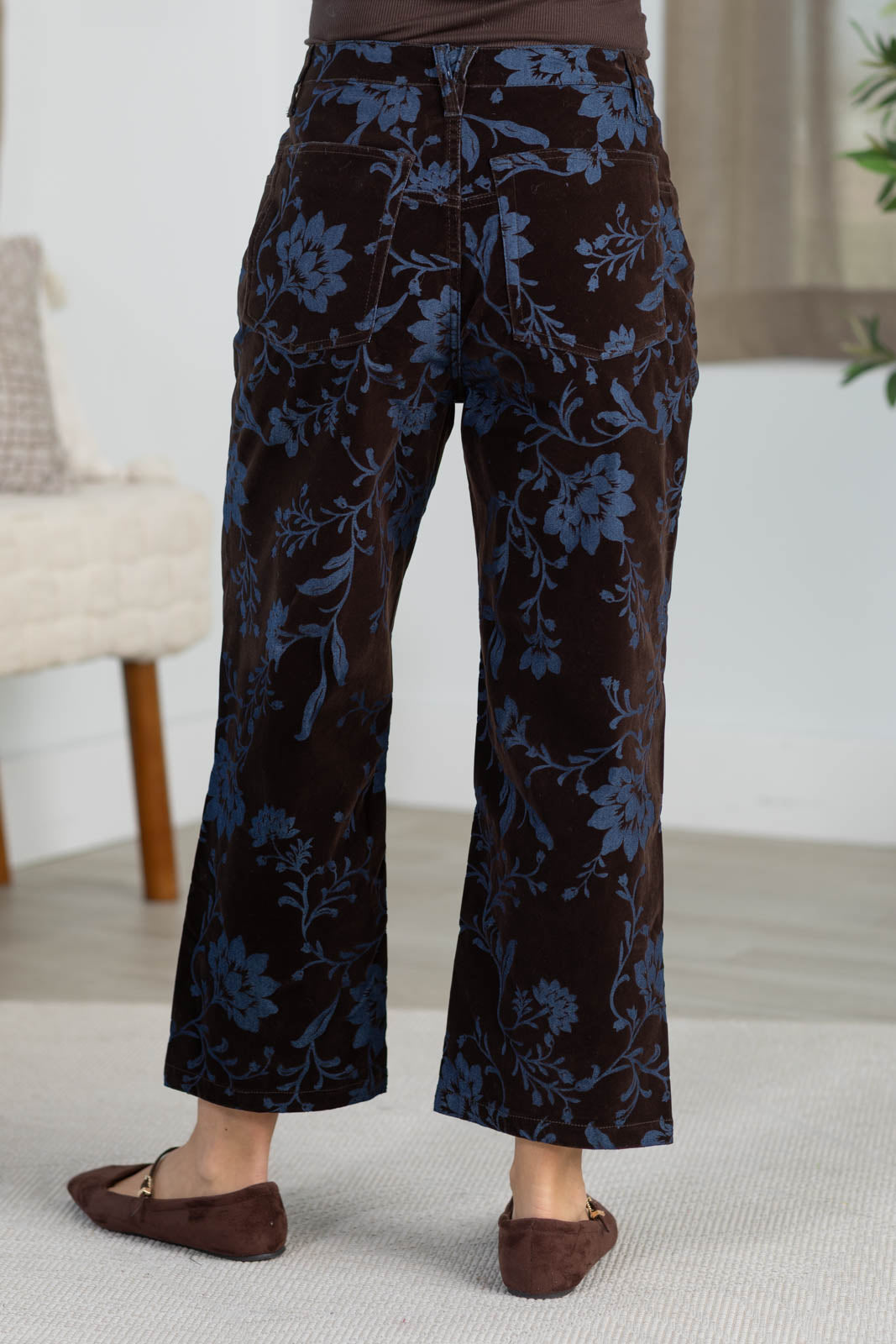 Cotierra Dark Rustic Brown Velvet Stretch Straight Leg Pants
