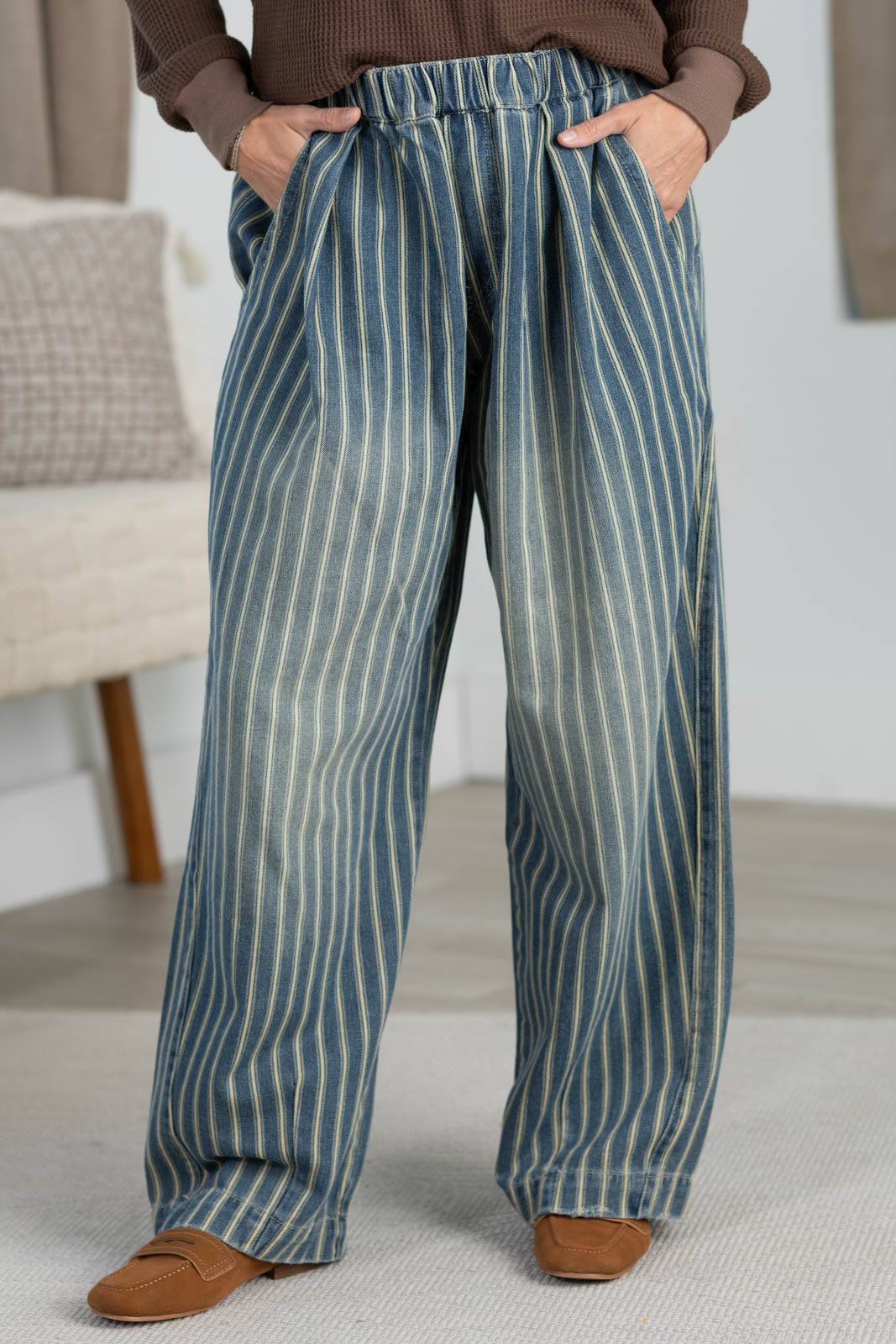 Cotierra Denim Stripe Wide Leg Pull On Jeans