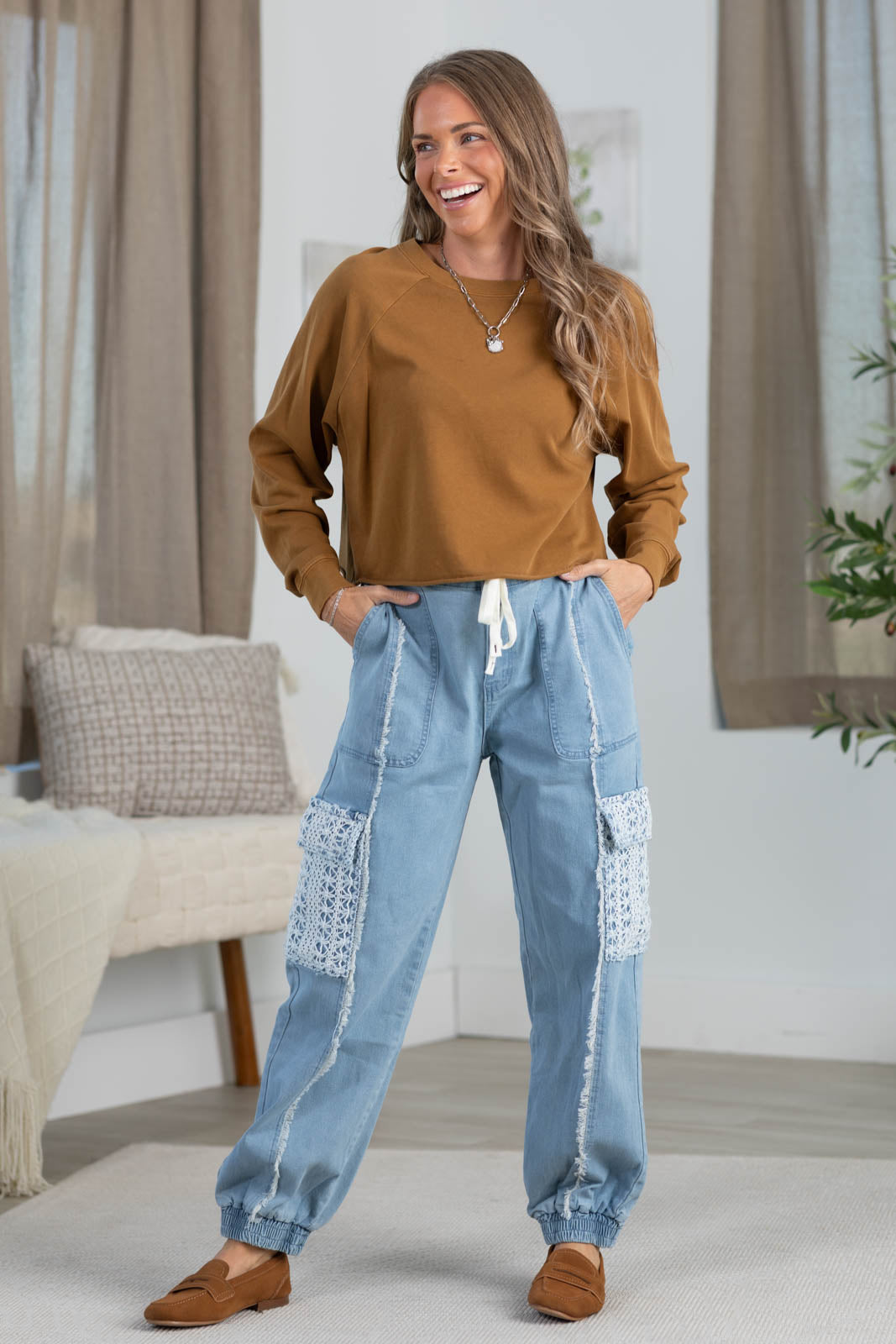 Denim Lace Pocket Drawstring Jogger Pants