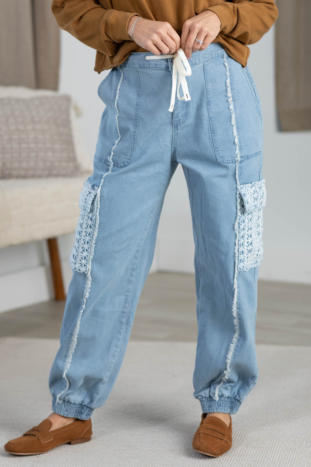 Denim Lace Pocket Drawstring Jogger Pants