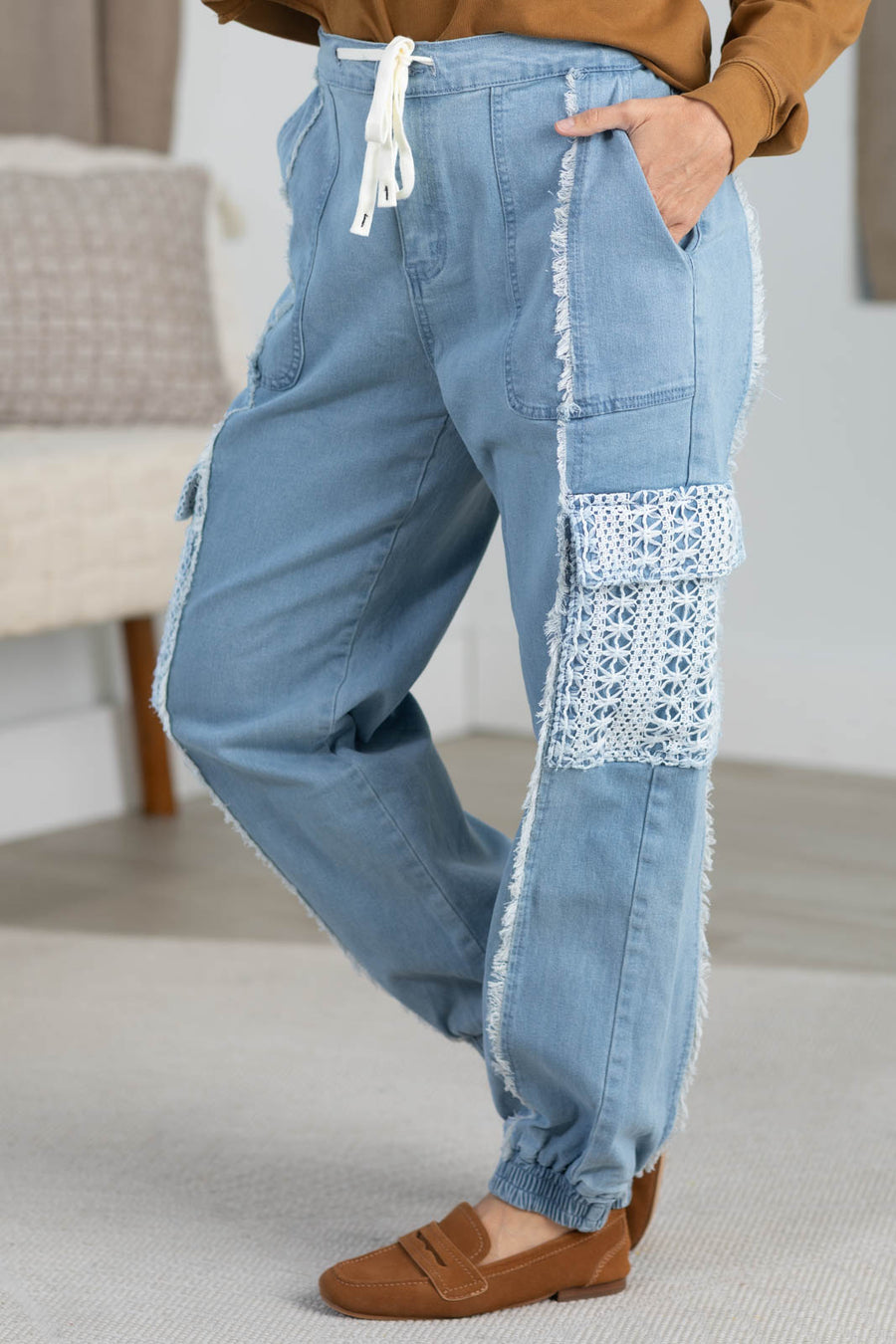 Denim Lace Pocket Drawstring Jogger Pants