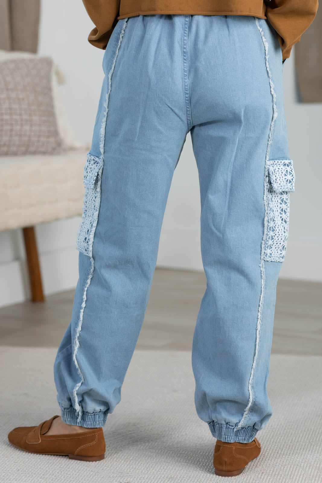 Denim Lace Pocket Drawstring Jogger Pants