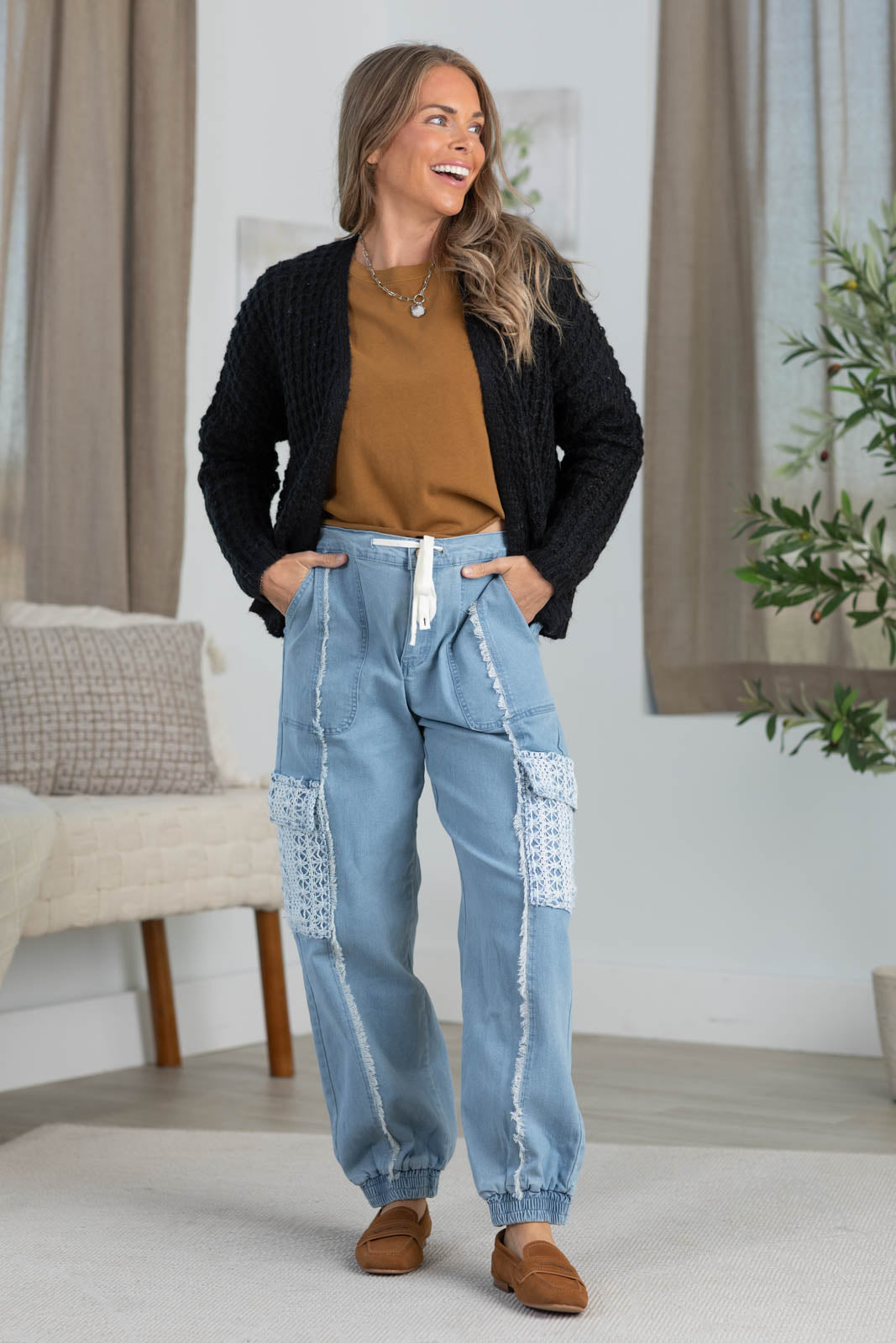 Denim Lace Pocket Drawstring Jogger Pants
