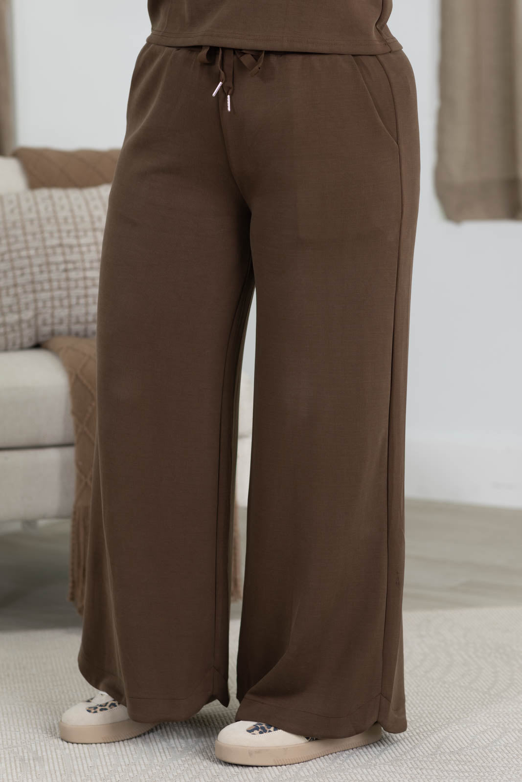Mocha Cloud Knit Drawstring Waist Wide Leg Pants