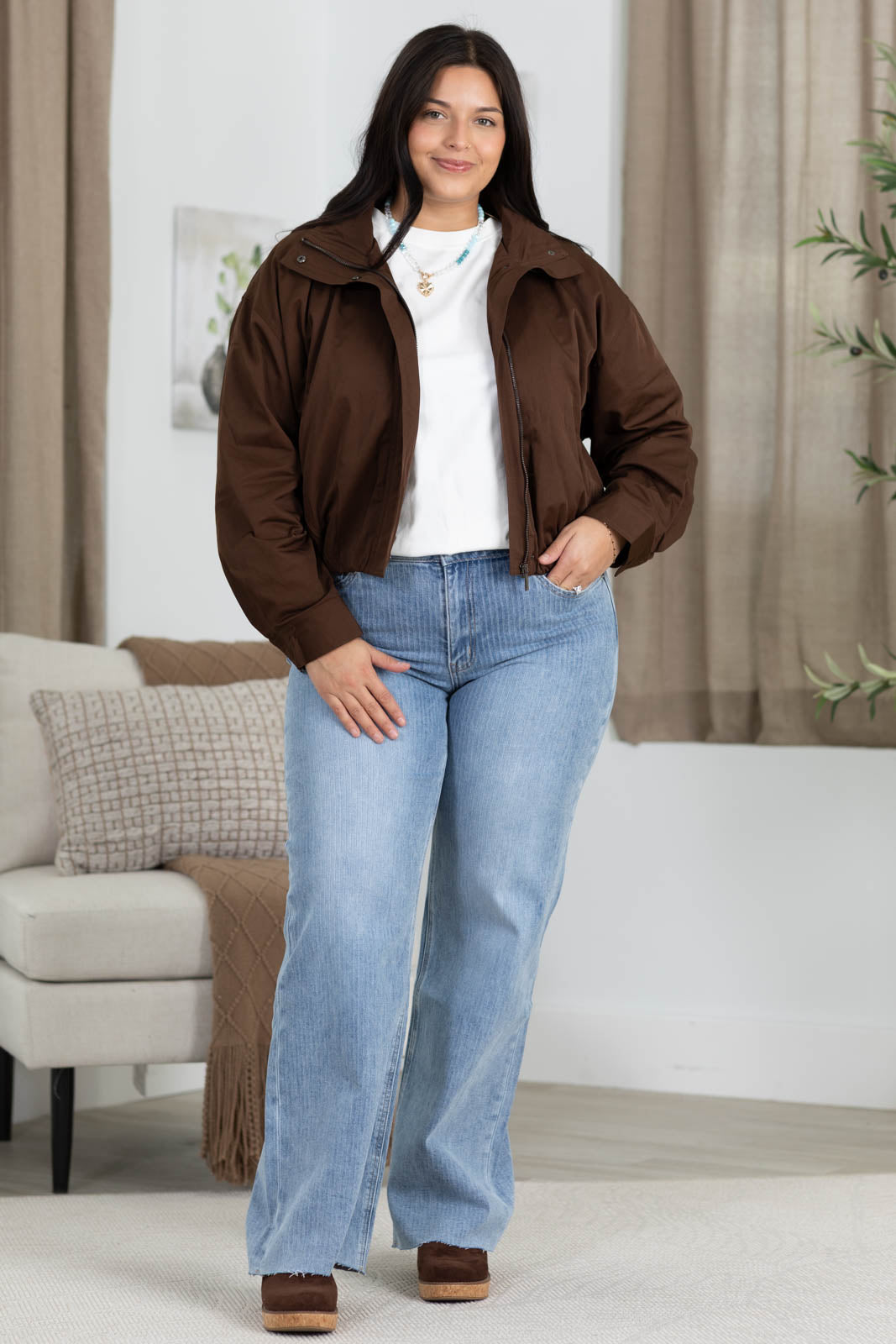 Zip Up Mock Neck Elastic Hem Jacket