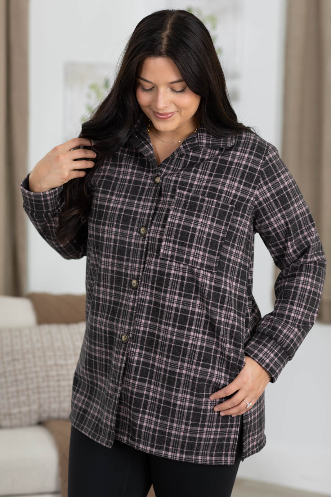 Charcoal Front Pocket Plaid Button Up Jacket