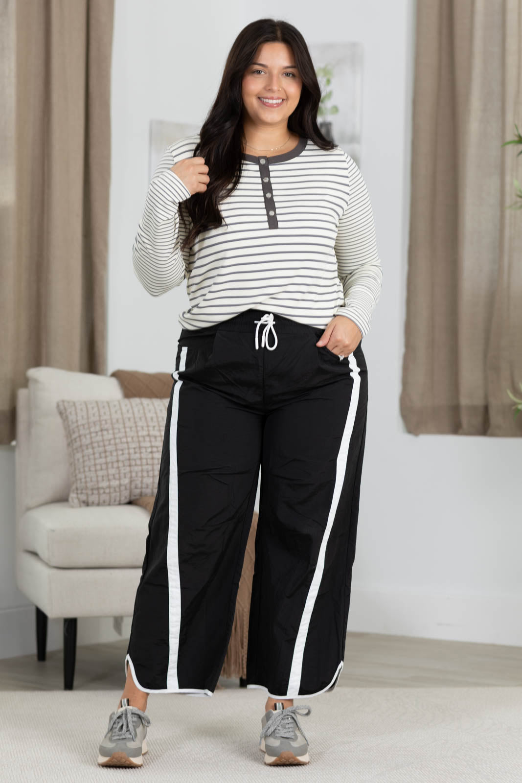Staccato Striped Contrast Henley Knit Top