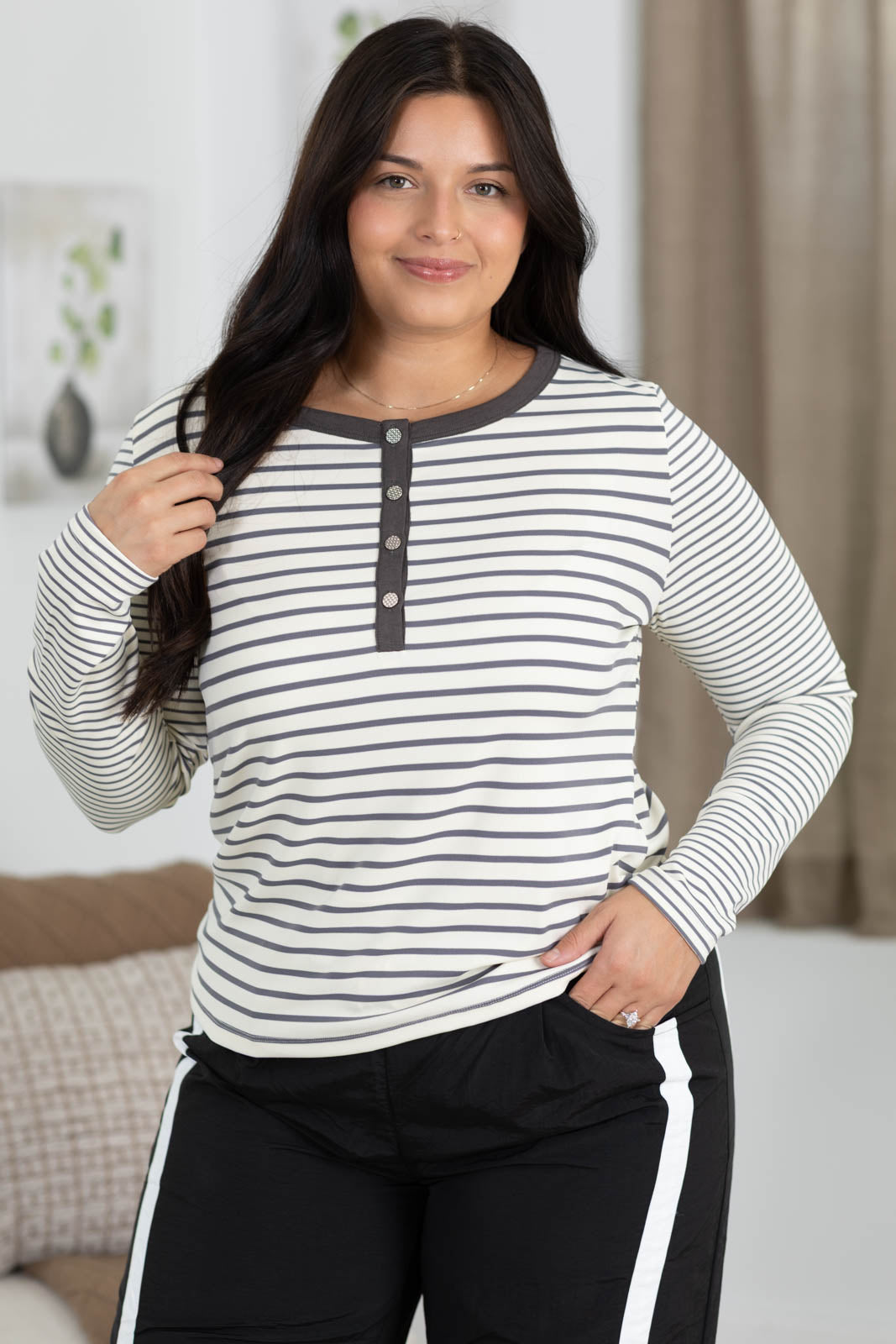 Staccato Striped Contrast Henley Knit Top