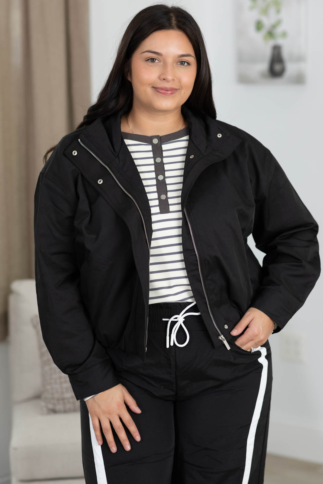 Zip Up Mock Neck Elastic Hem Jacket