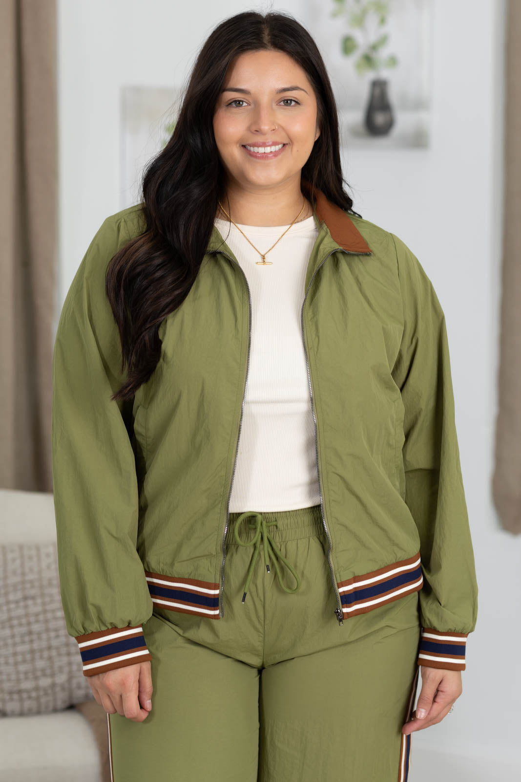 Olive Rib Band Detail Windbreaker Jacket