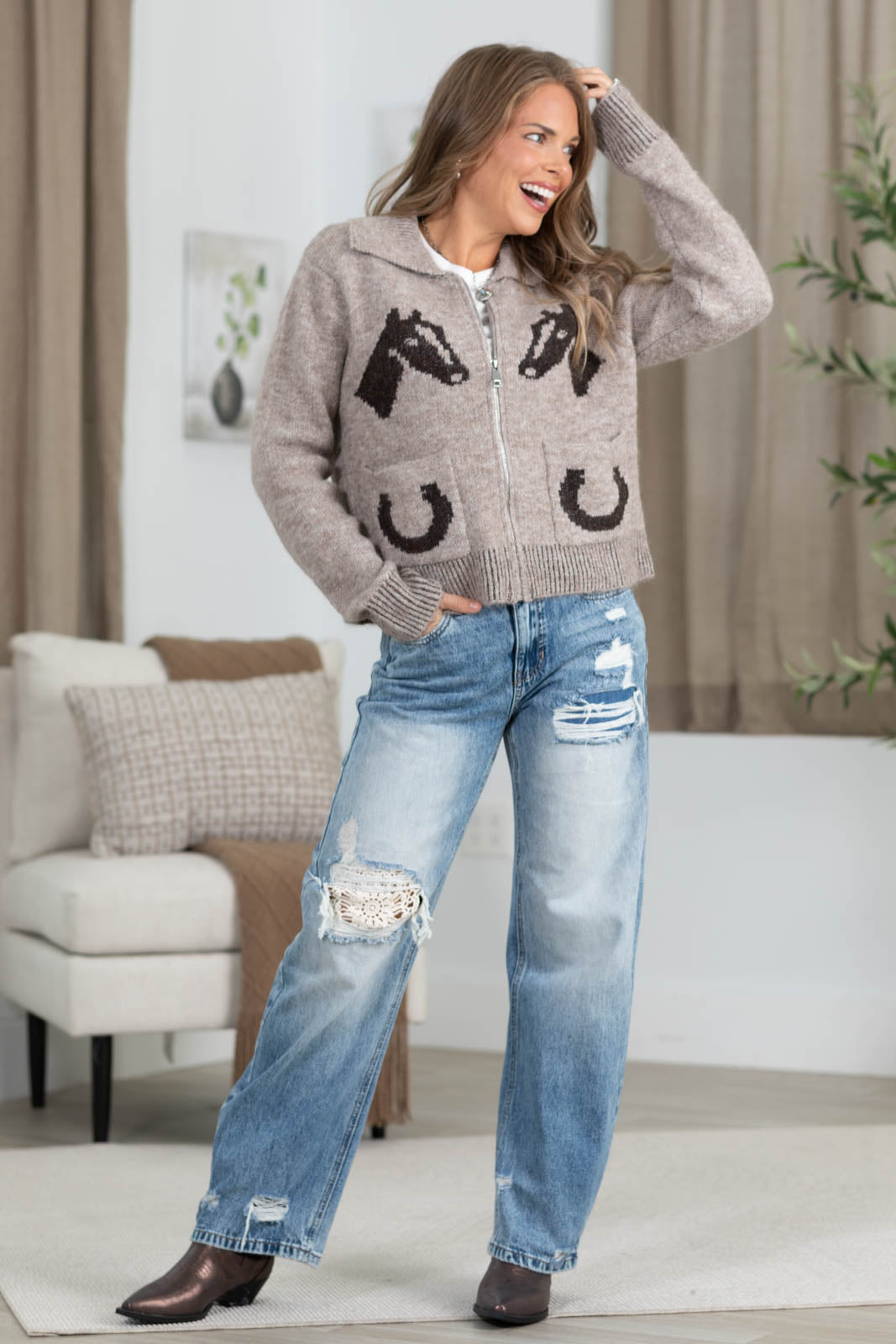 Light Mocha Western Collared Zip Up Knit Jacket
