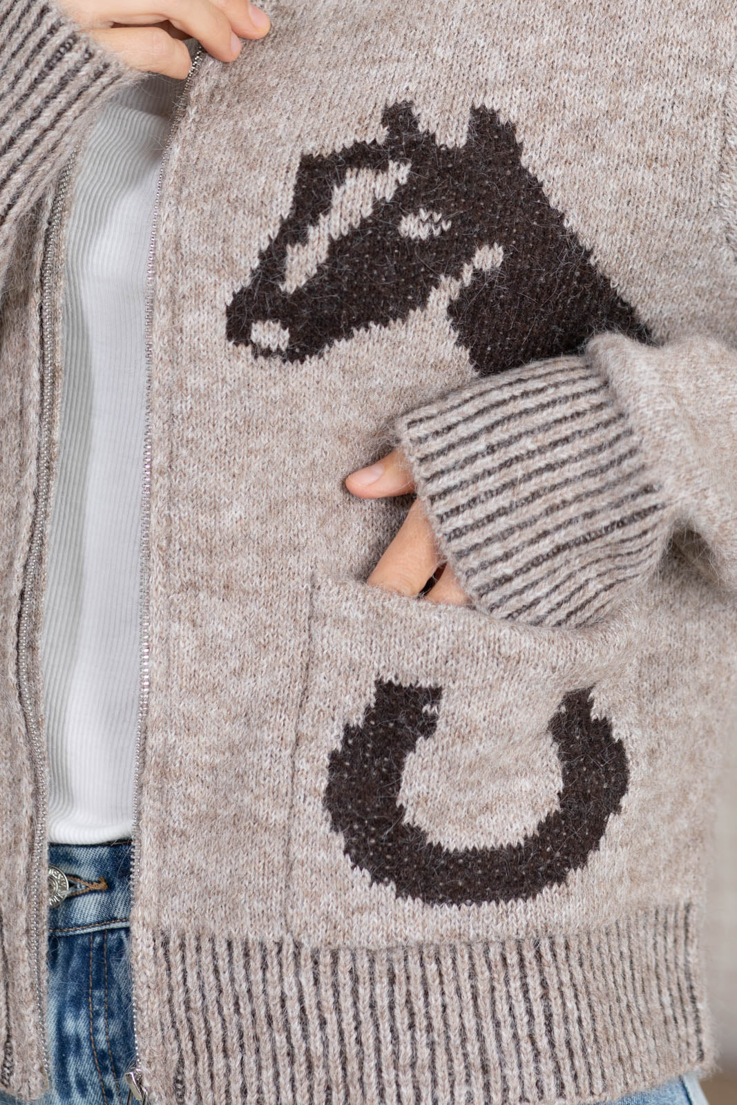 Light Mocha Western Collared Zip Up Knit Jacket