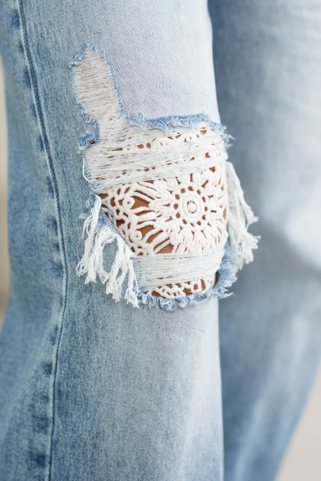 Saige Denim Medium High Rise Barrel With Crochet