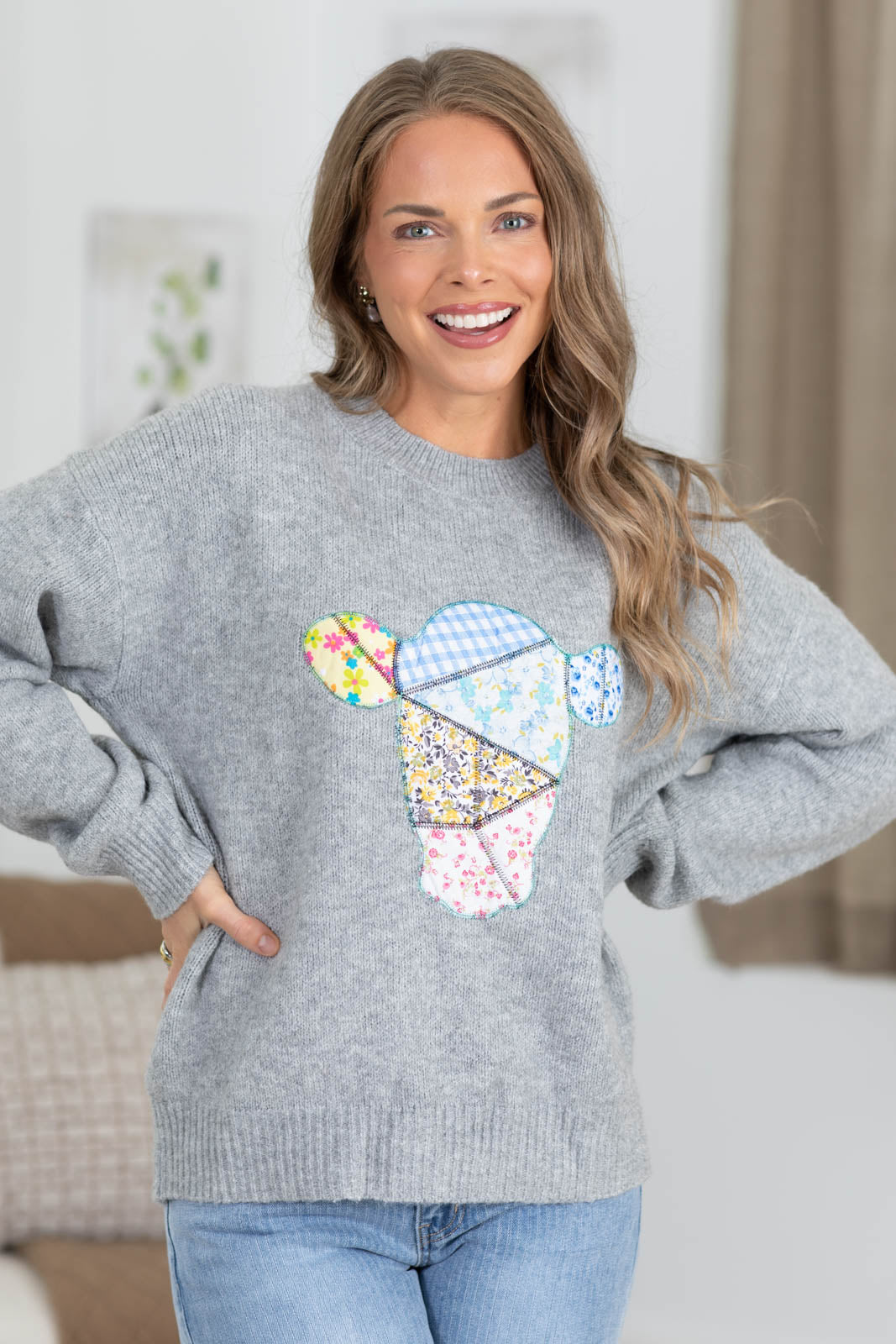 Heather Grey Cow Patchwork Knit Sweater