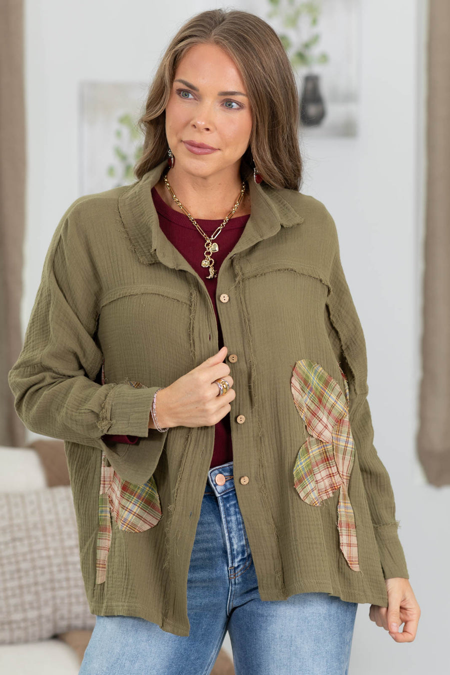 Olive Cotton Gauze Floral Patch Button Up Top
