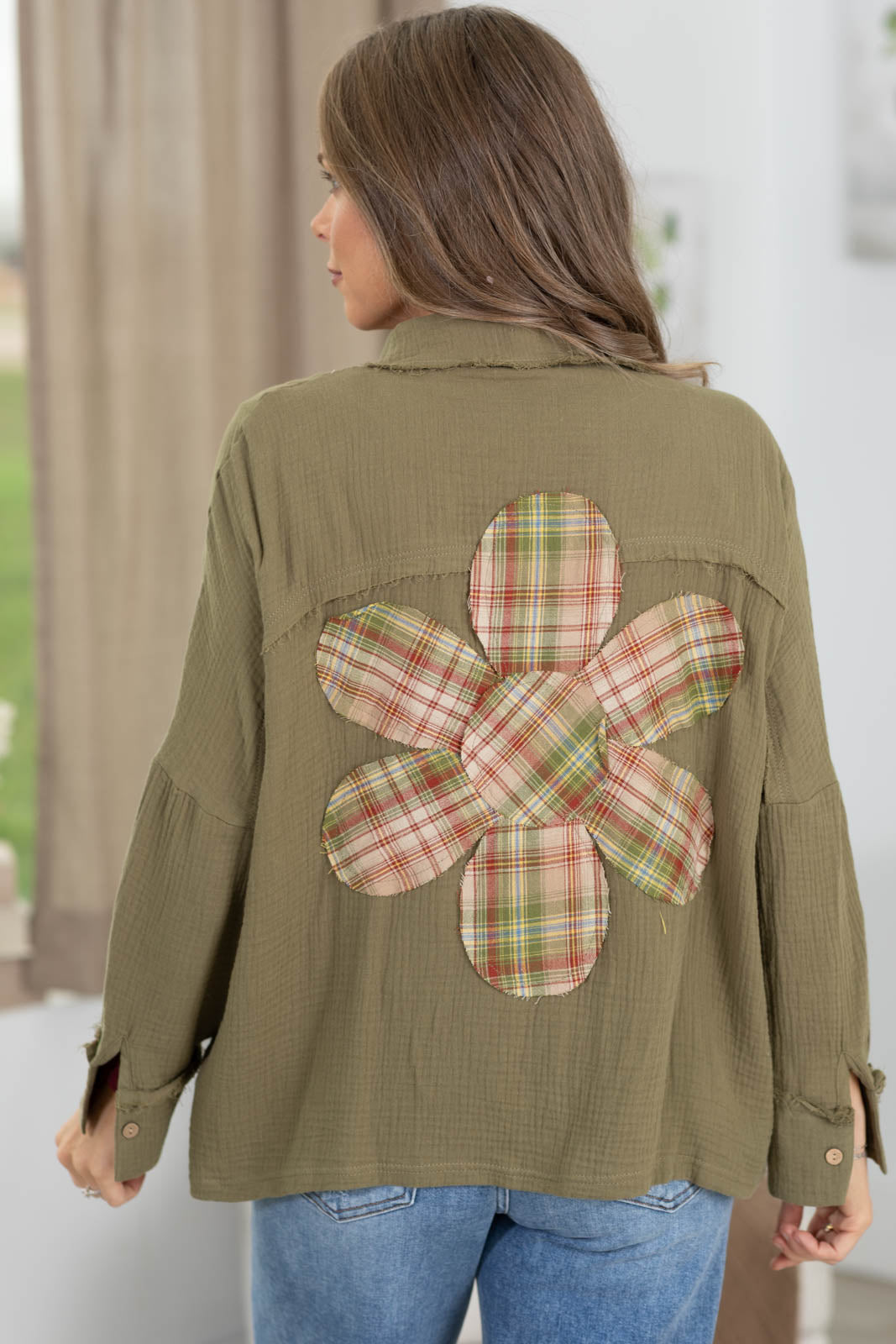 Olive Cotton Gauze Floral Patch Button Up Top