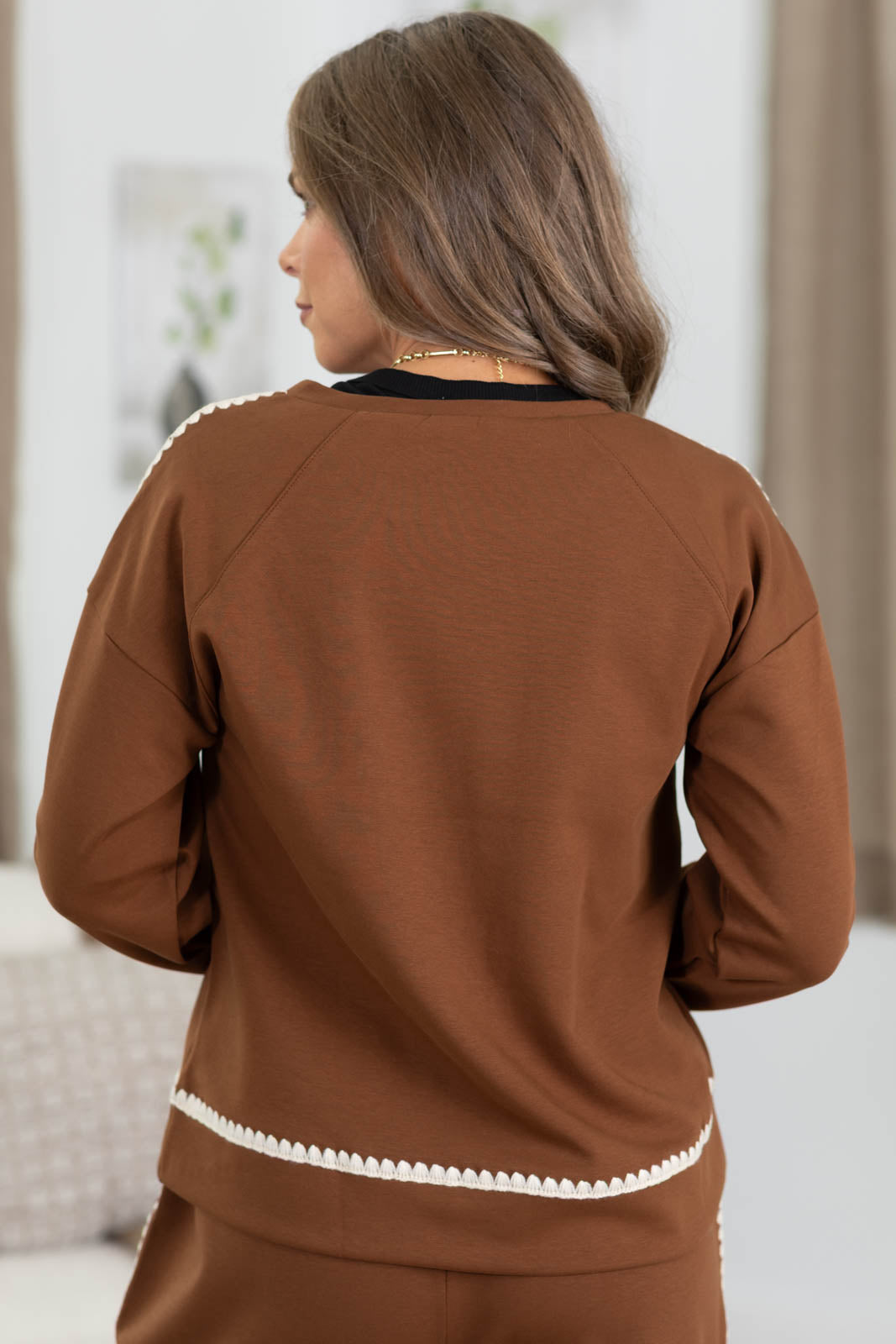 Brown Embroidered Scallop Accent Sweatshirt