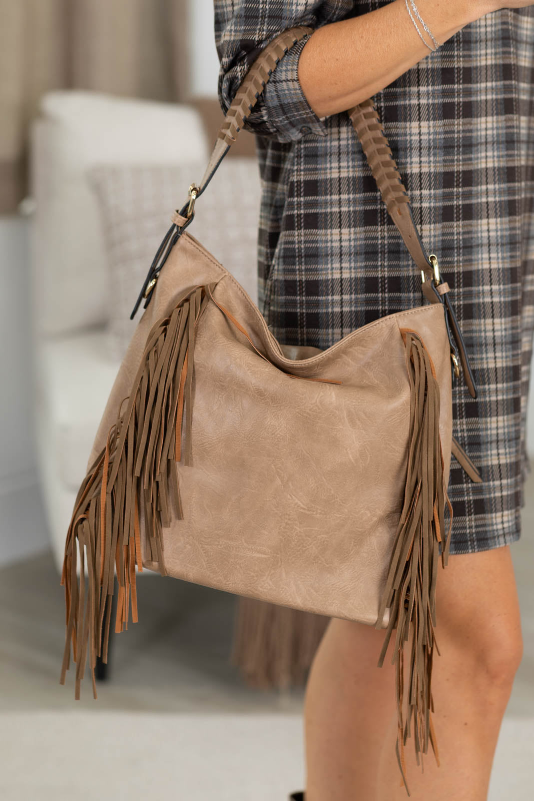 Taupe Fringe Detail Bag