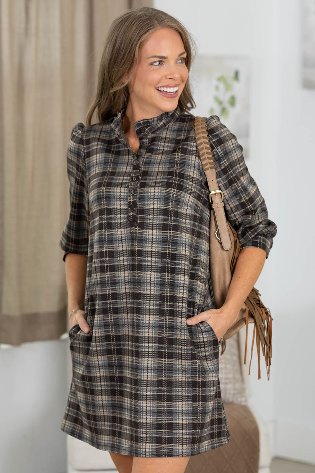 Staccato Plaid Shift Dress With Side Pocket