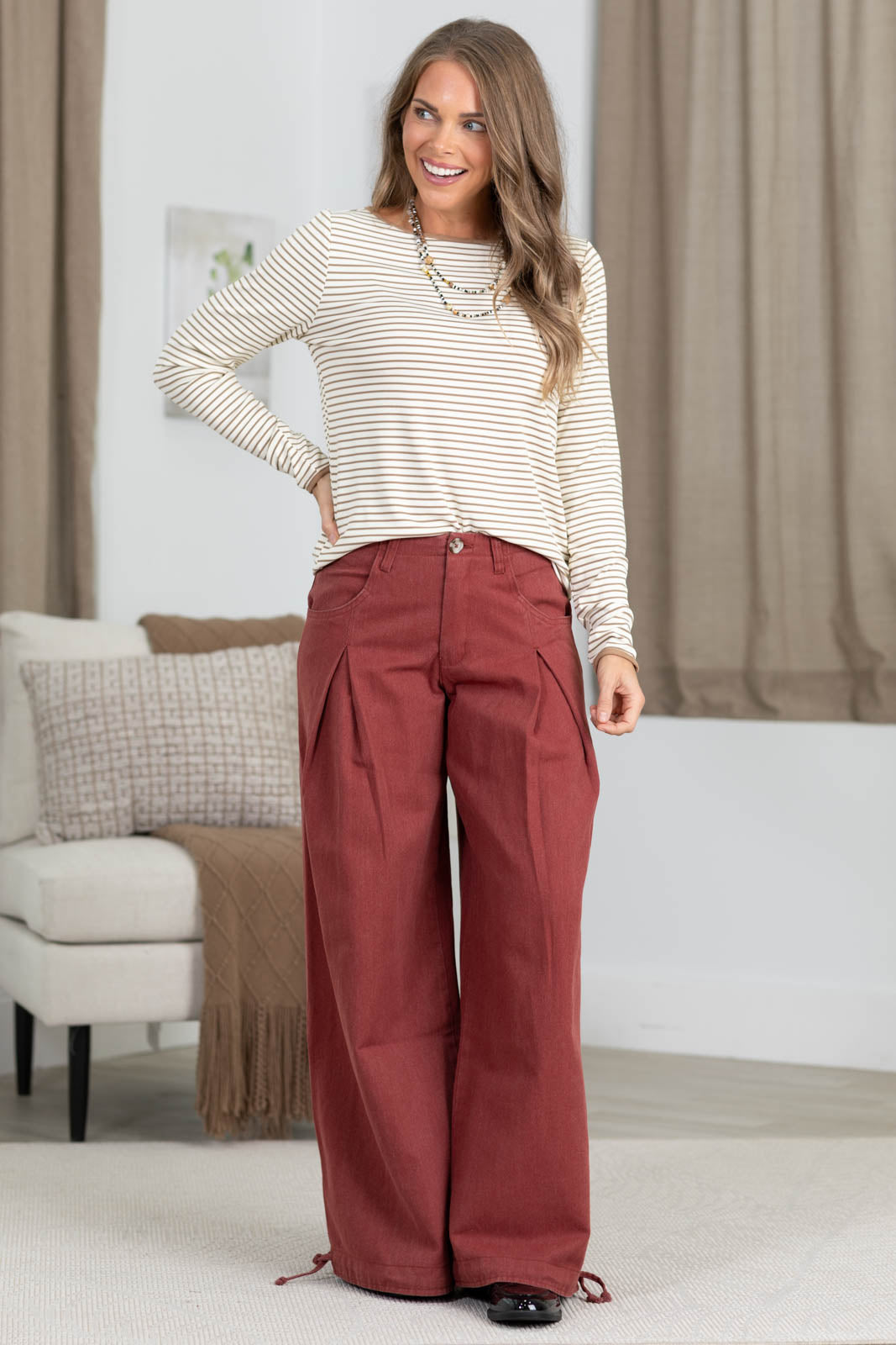 Staccato Striped Button Cuff Boatneck Knit Top