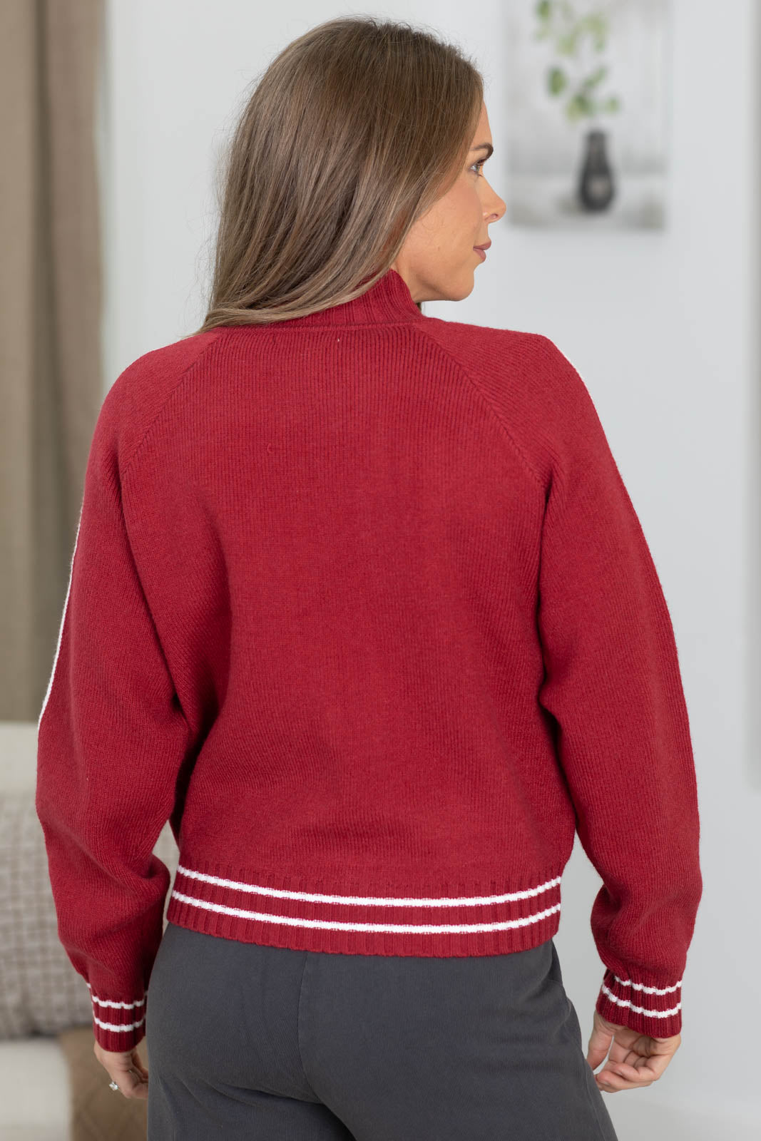 Dark Red Zip Up Sweater Jacket With Stripe Detail