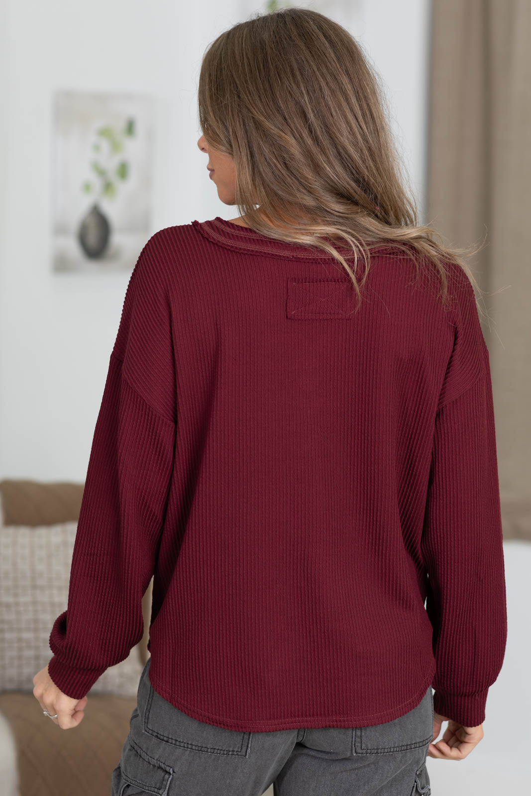 Raw Edge V-Neck Long Sleeve Textured Knit Top