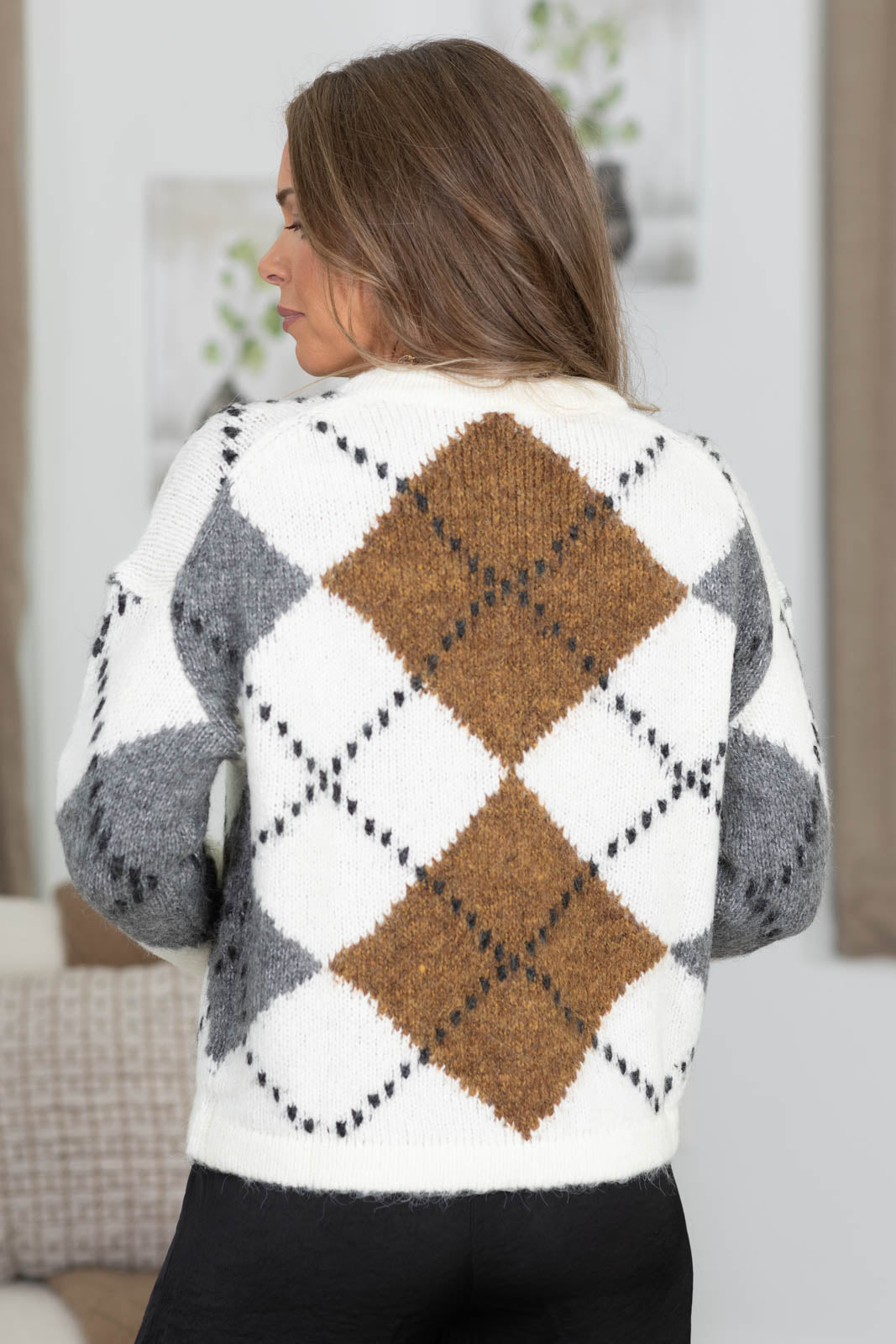 Staccato Ivory And Camel Chunky Argyle Cardigan