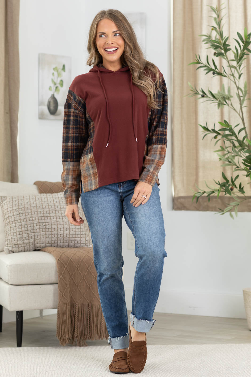 Staccato Wine Plaid Mix Long Sleeve Hoodie