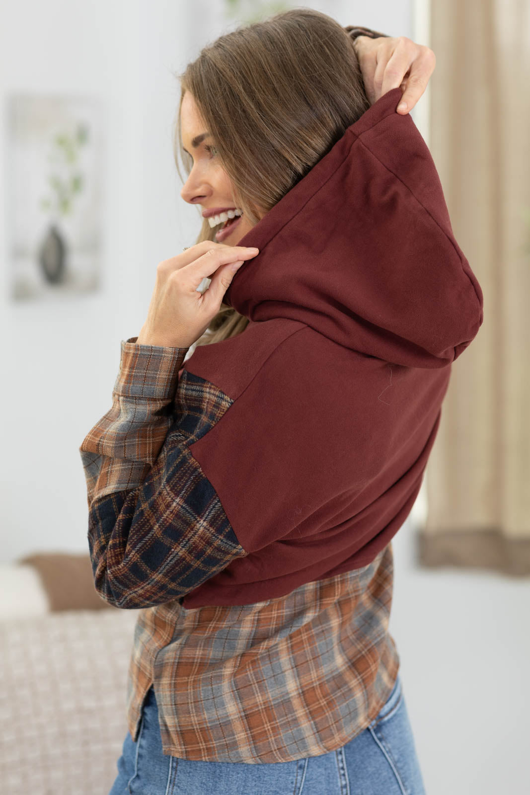 Staccato Wine Plaid Mix Long Sleeve Hoodie