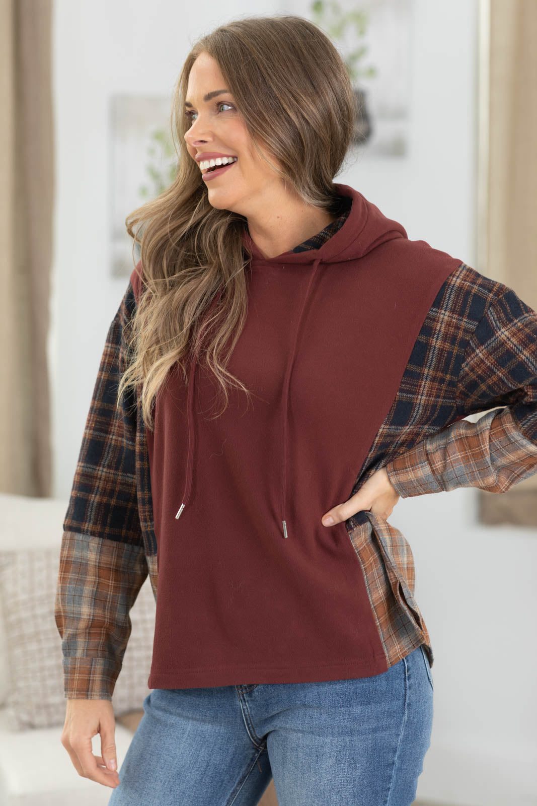 Staccato Wine Plaid Mix Long Sleeve Hoodie