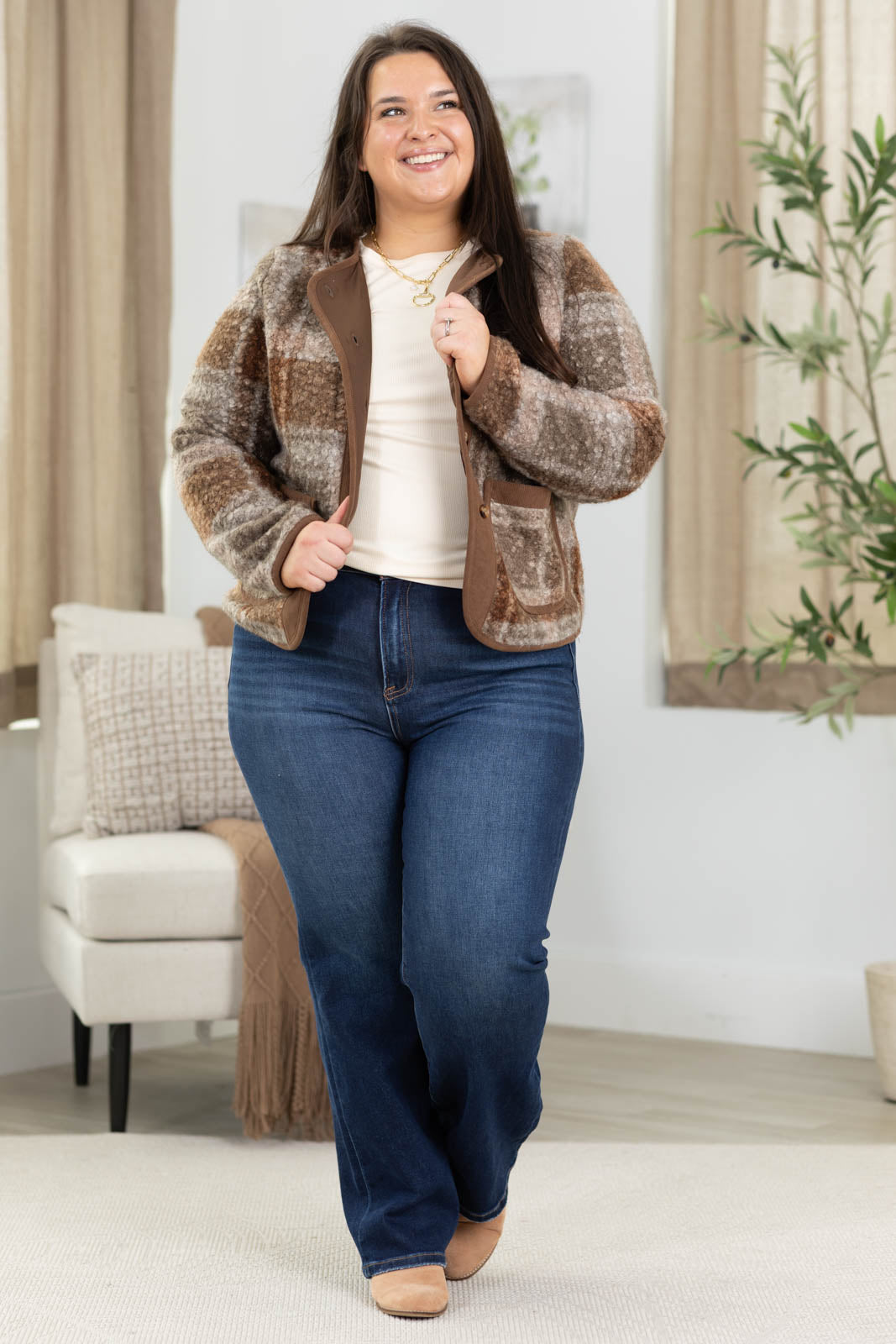 Staccato Plaid Sherpa Jacket With Pockets