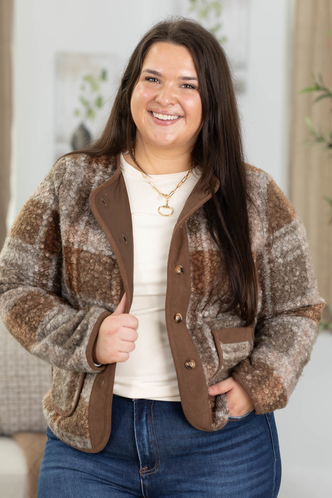 Staccato Plaid Sherpa Jacket With Pockets