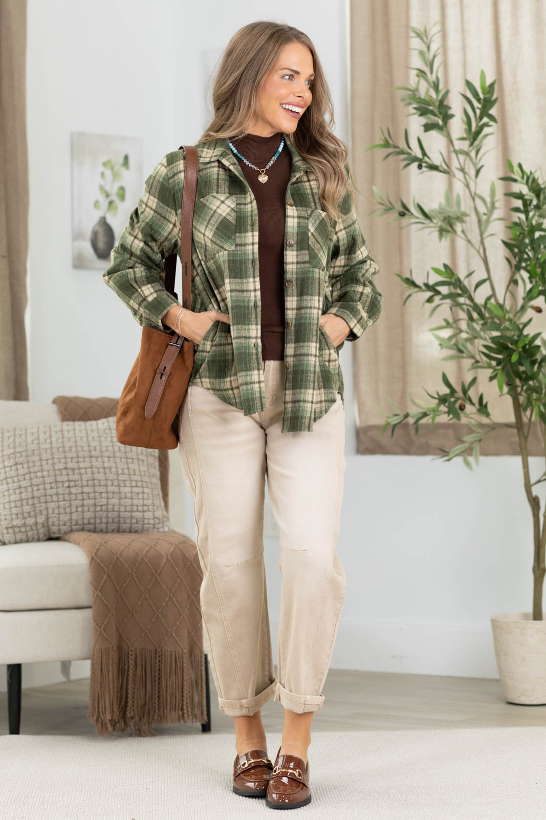Staccato Brushed Plaid Button Up Shacket
