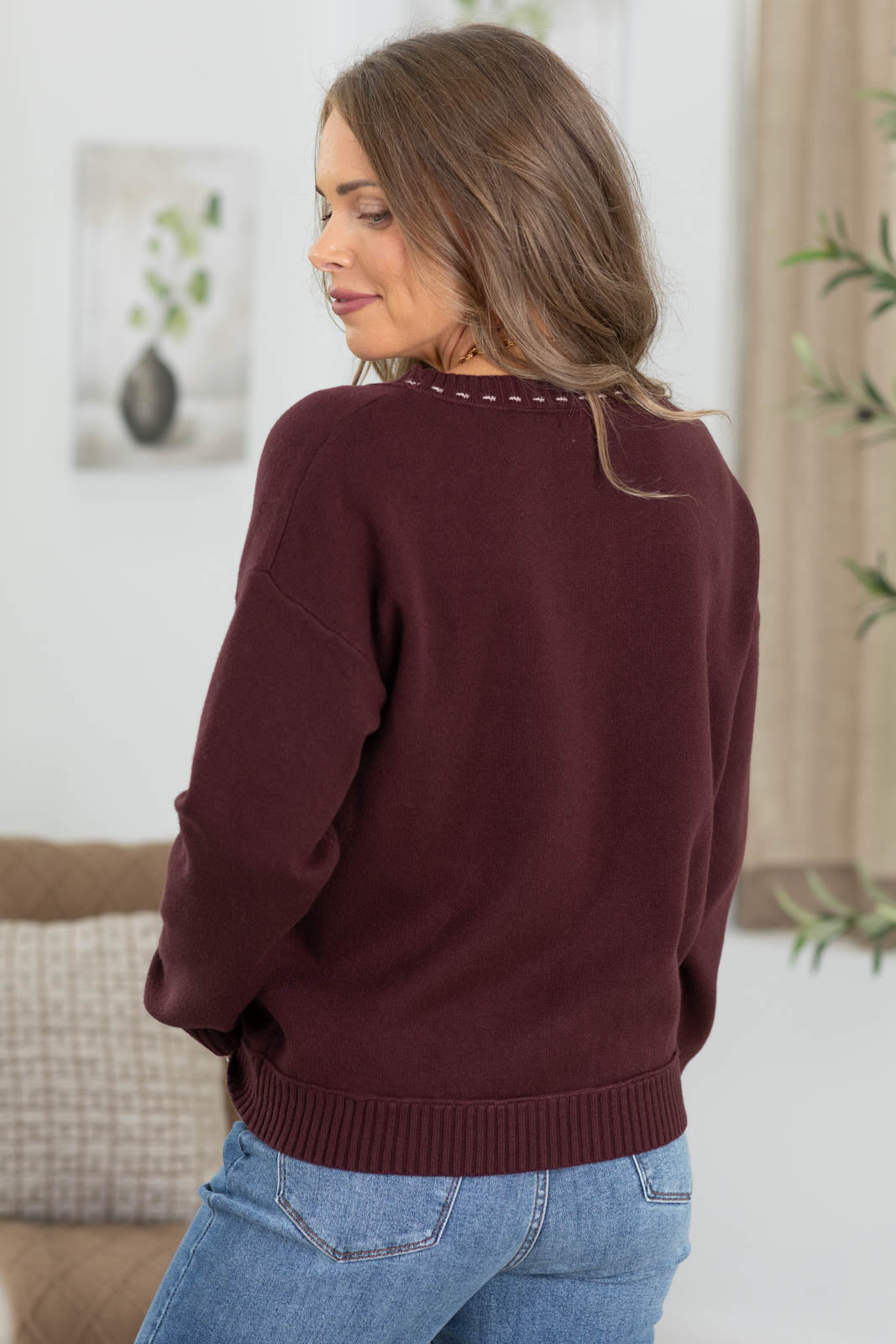 Staccato Plum Crewneck Sweater With Neck Stitch Detail