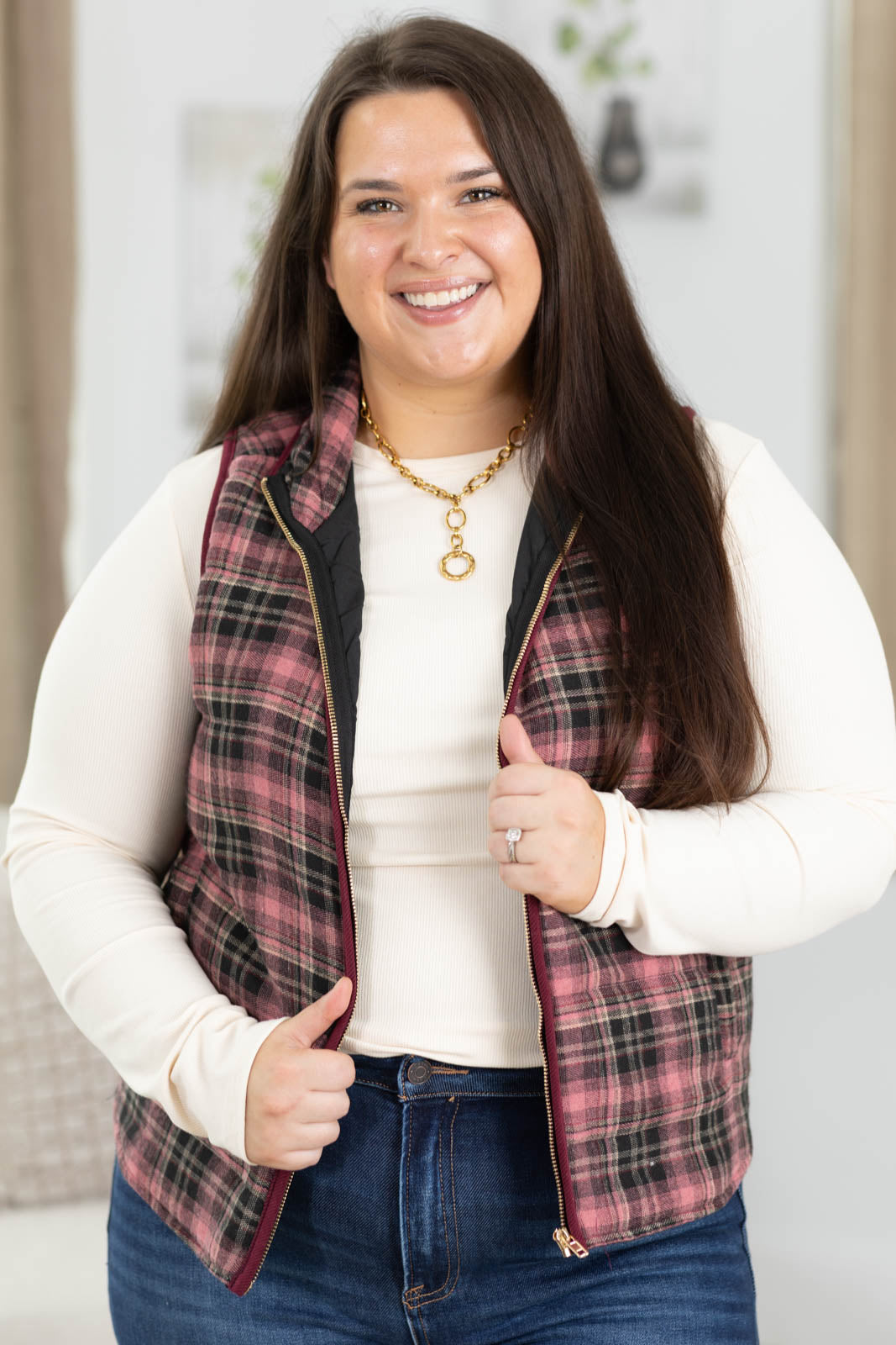 Staccato Contrast Binding Zip Up Plaid Vest