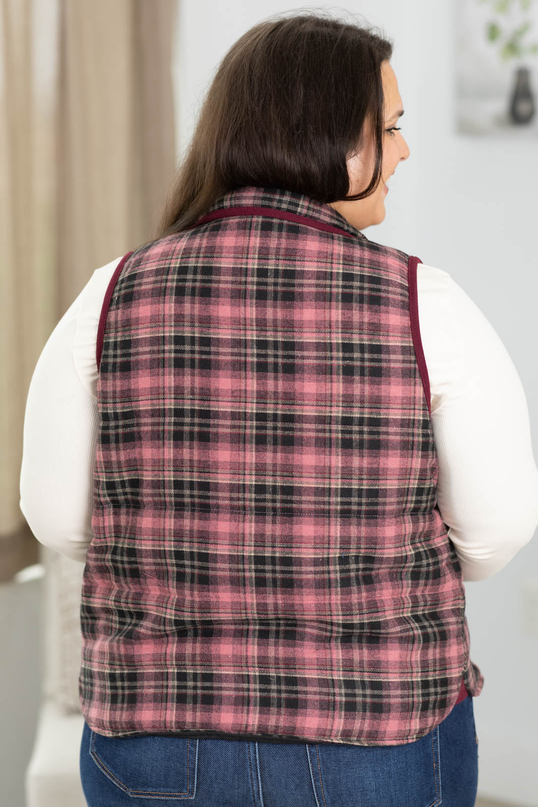 Staccato Contrast Binding Zip Up Plaid Vest