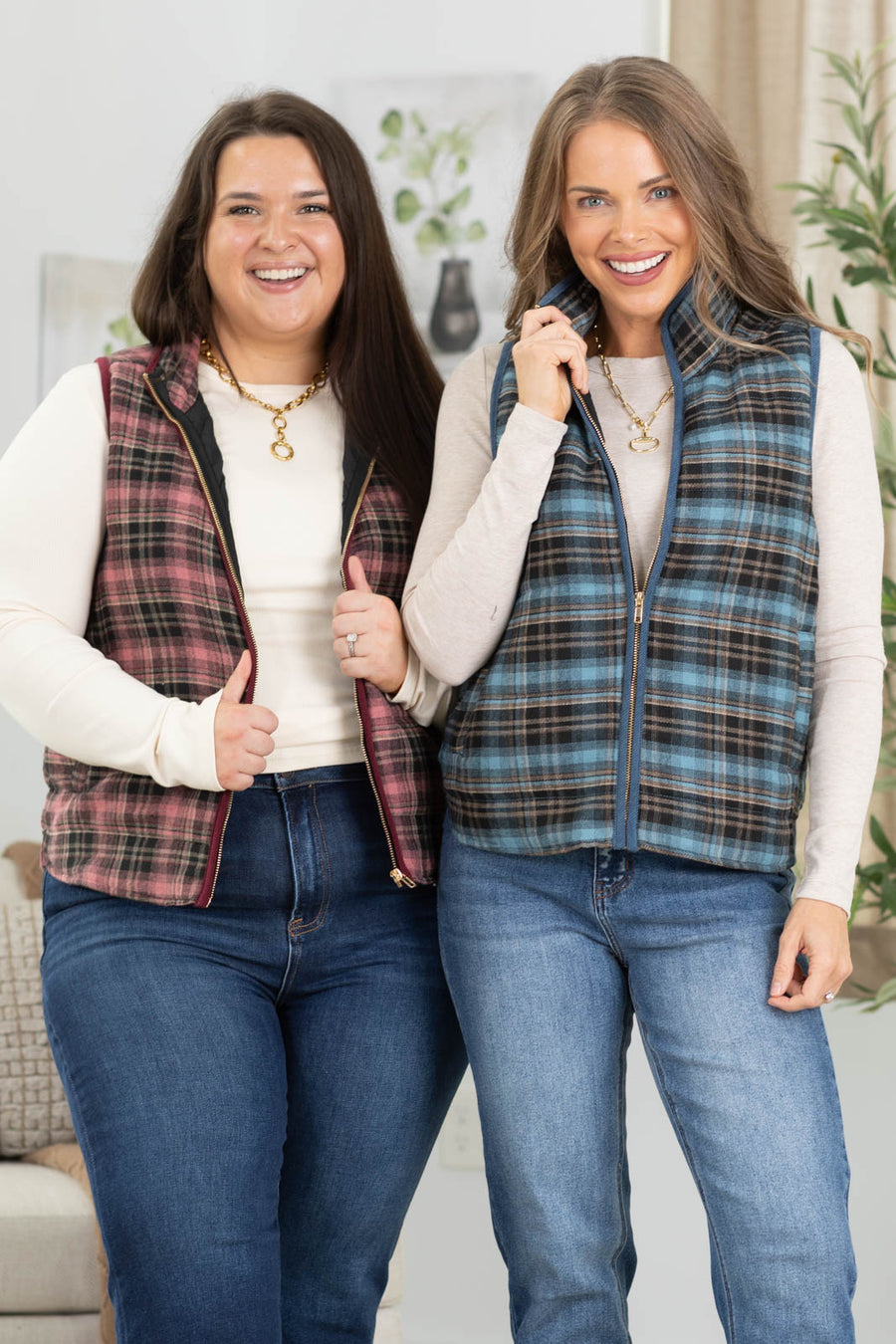 Staccato Contrast Binding Zip Up Plaid Vest