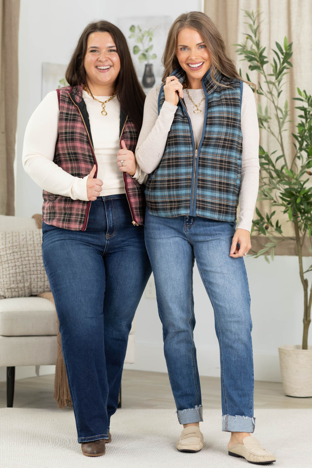 Staccato Contrast Binding Zip Up Plaid Vest